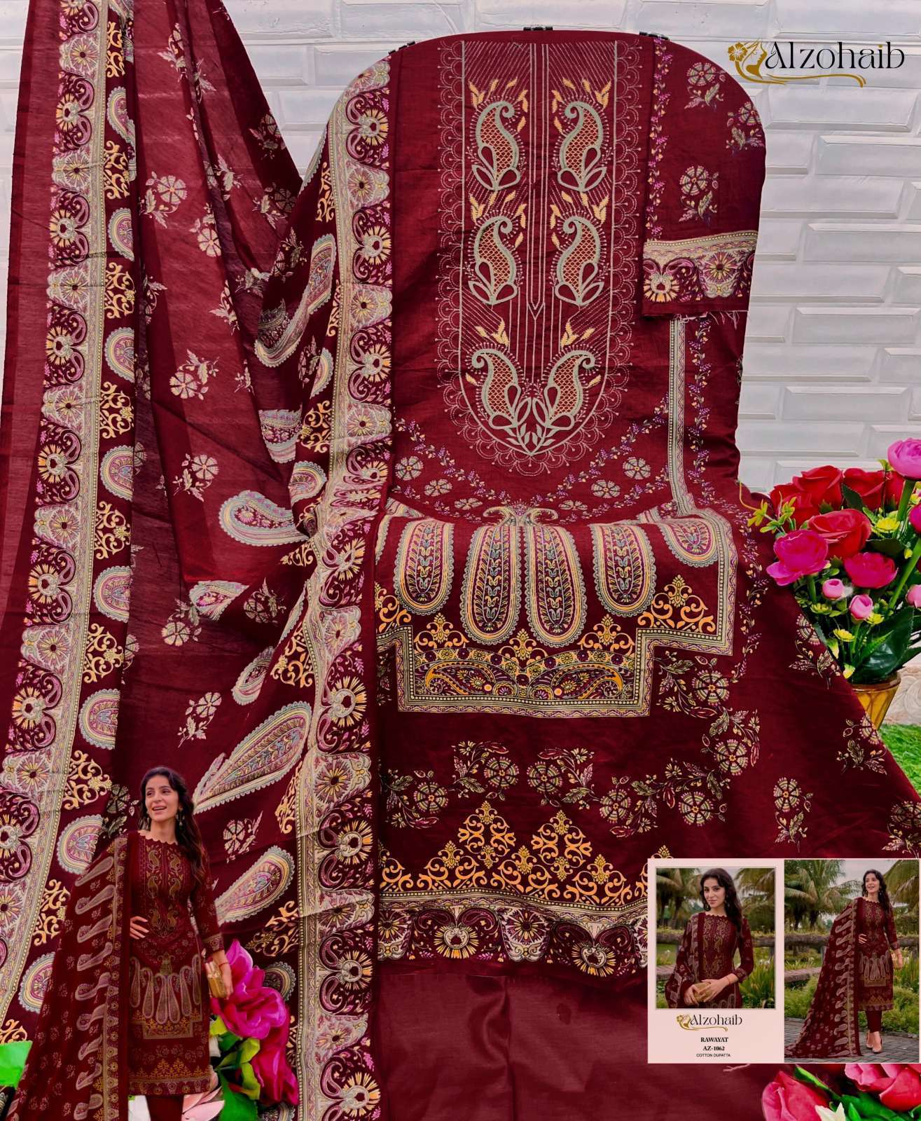 RAWAYAT 1062 TO 1065 SERIES BY ALZOHAIN PURE COTTON PRINT WORK PAKISTANI DRESSES