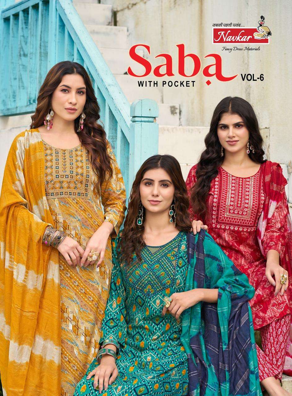 SABA VOL-6 BY NAVKAR 6001 TO 6008 SERIES RAYON PRINT WORK READYMADE DRESSES