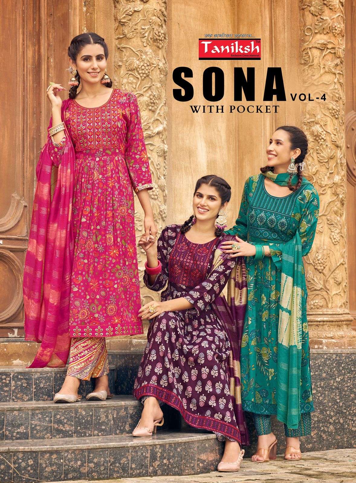 SONA VOL-4 BY TANIKSH 4001 TO 4008 SERIES RAYON PRINT WORK READYMADE DRESSES