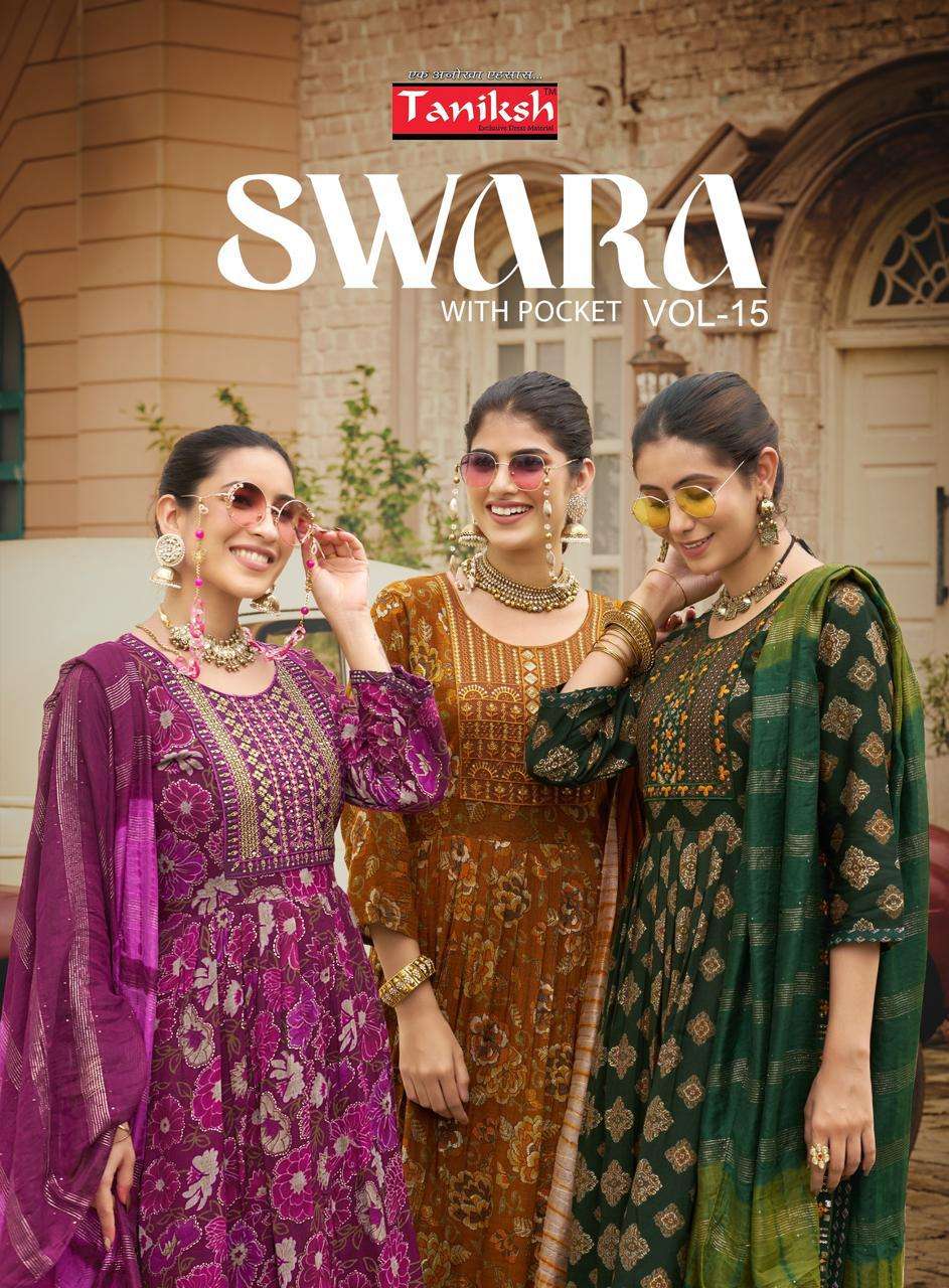 SWARA VOL-15 BY TANIKSH 15001 TO 15008 SERIES RAYON PRINT WORK READYMADE DRESSES