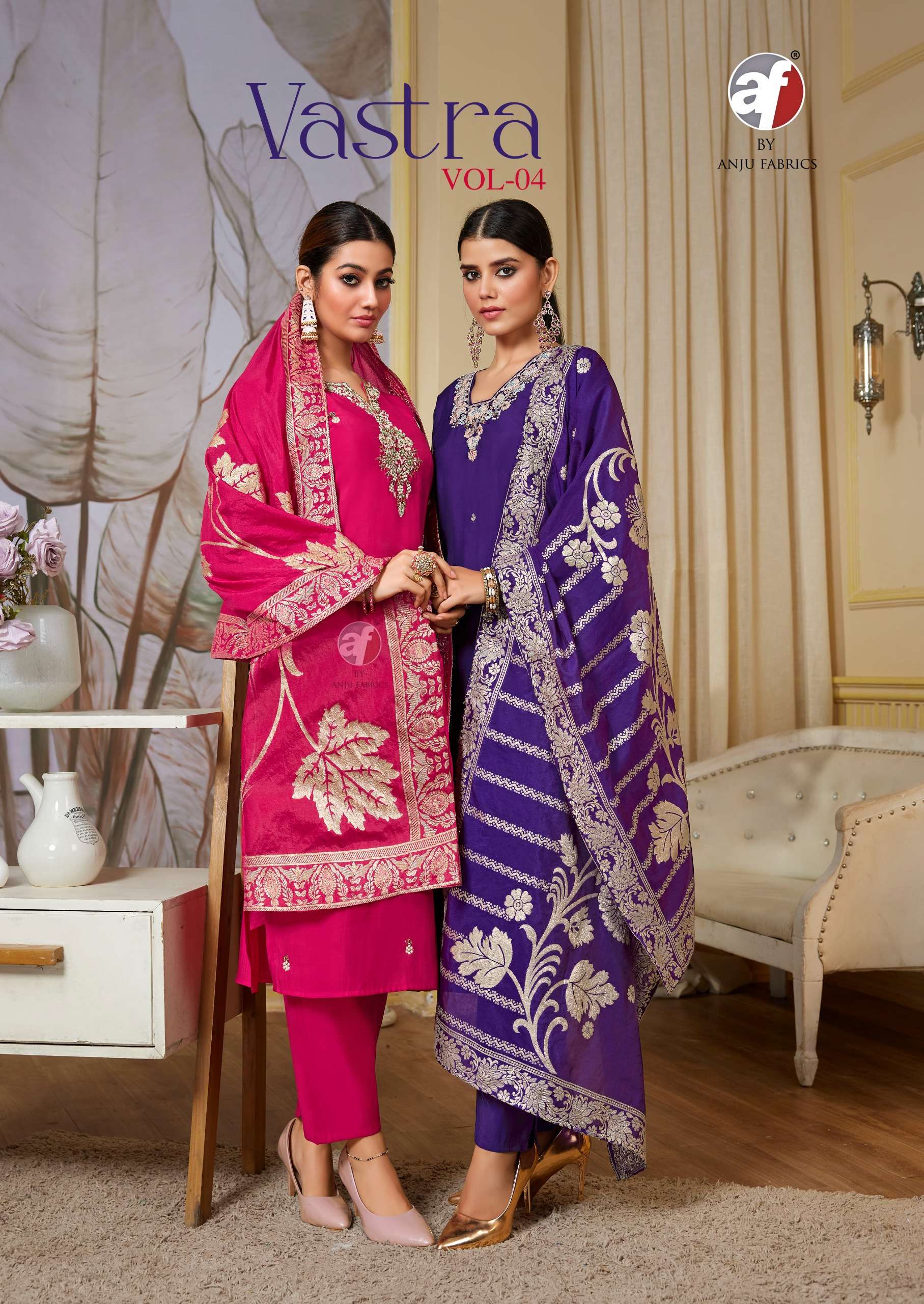 VASTRA VOL-4 BY ANJU FABRICS 3951 TO 3956 SERIES ROMAN SILK HANDWORK READYMADE DRESSES