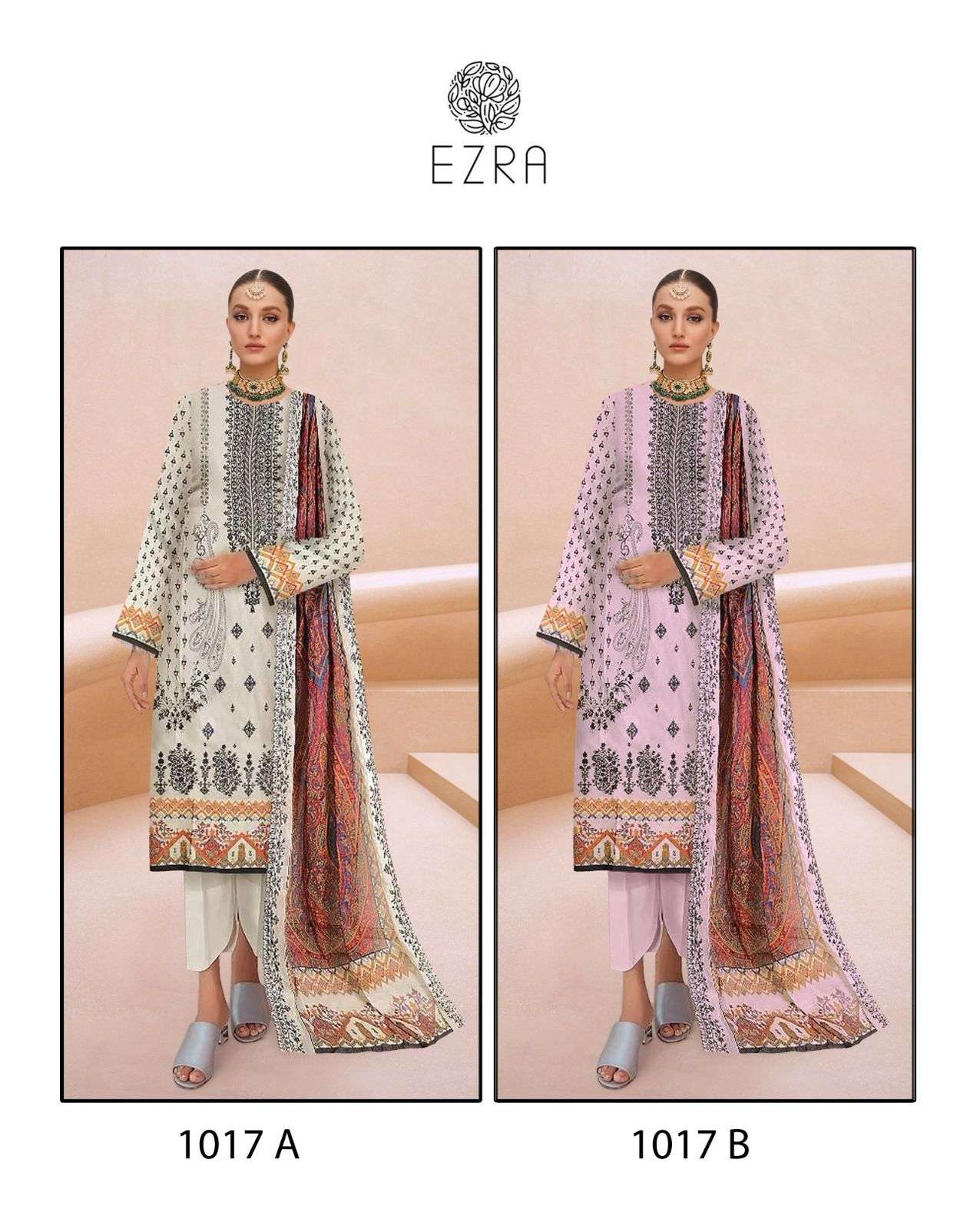 EZRA 1017 NX BY AQSAWHOLESALE PURE COTTON PRINT WORK PAKISTANI DRESSES
