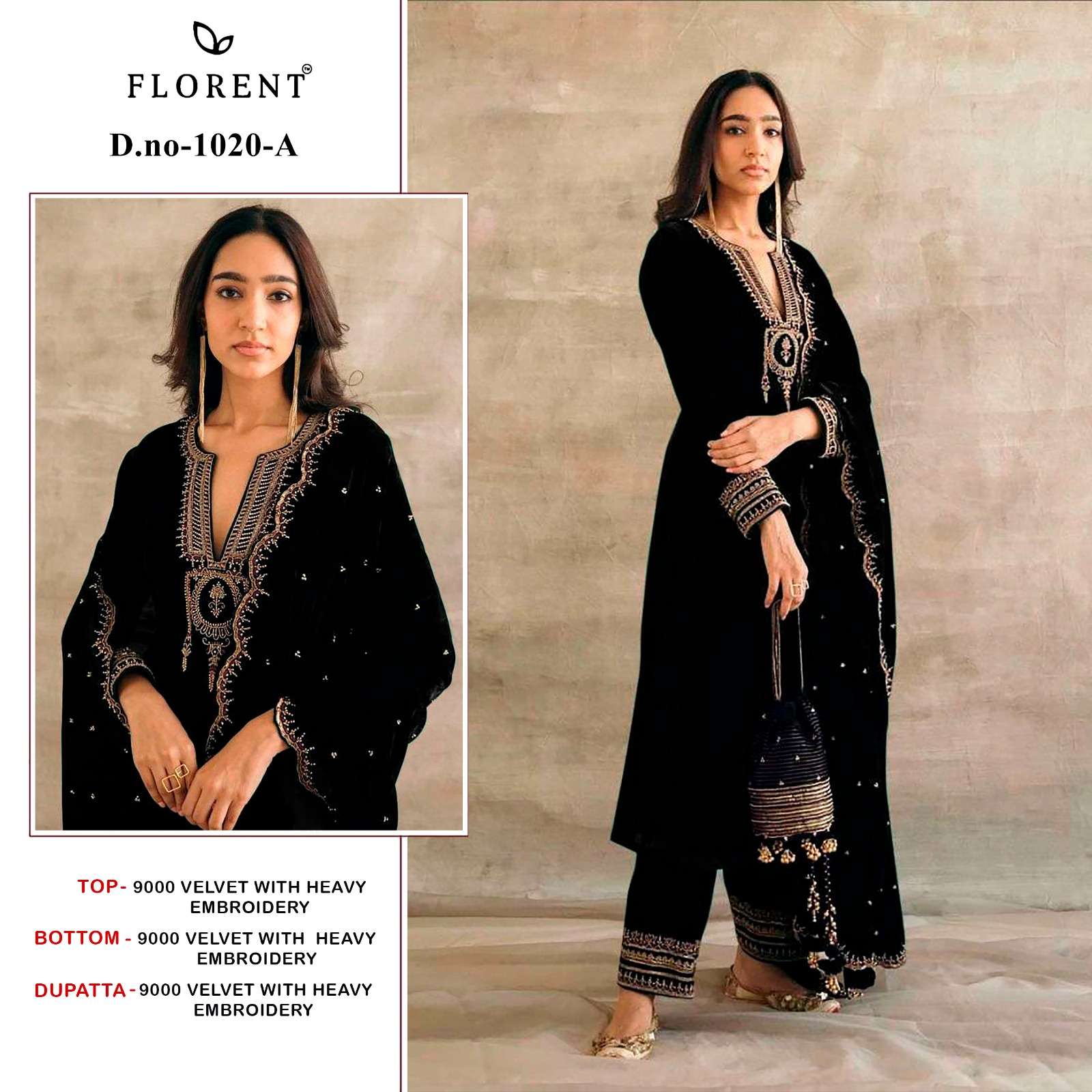 FLORENT 1020-A TO 1020-D SERIES VELVET HEAVY WORK WINTER WEAR PAKISTANI DRESSES