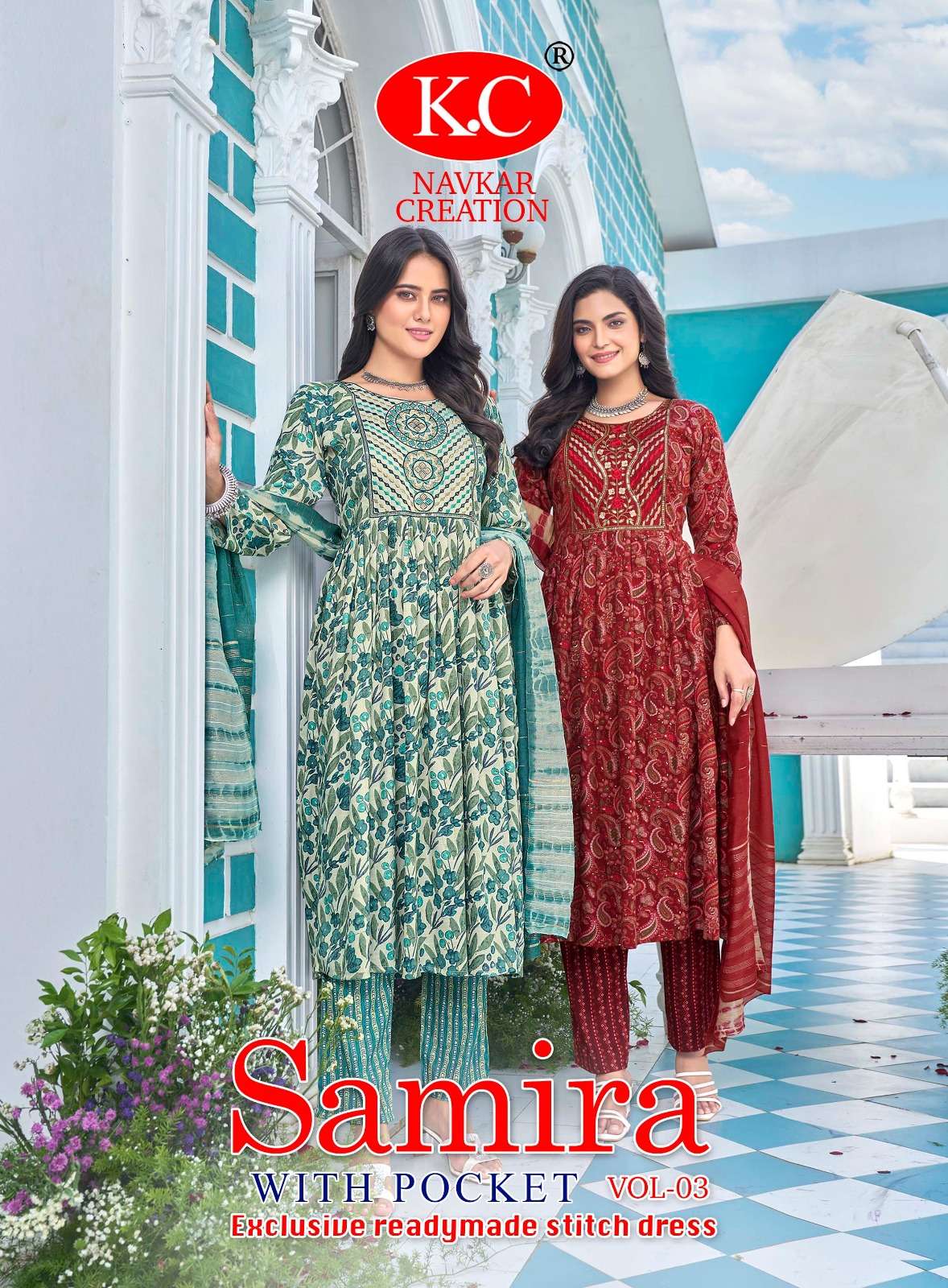 K.C SAMIRA VOL-3 BY AQSAWHOLESALE 3001 TO 3008 SERIES COTTON PRINT READYMADE DRESSES