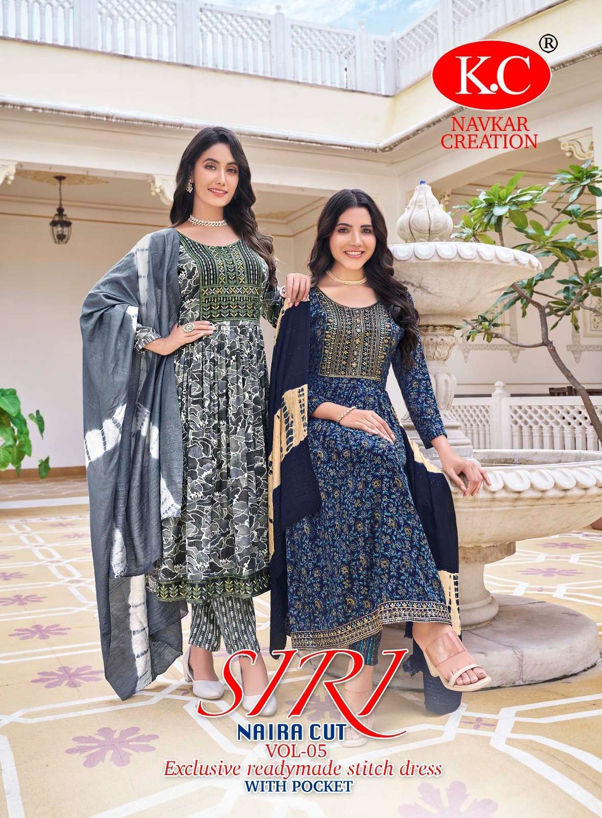 K.C SIRI VOL-5 BY AQSAWHOLESALE 5001 TO 5008 SERIES COTTON PRINT WORK READYMADE DRESSES