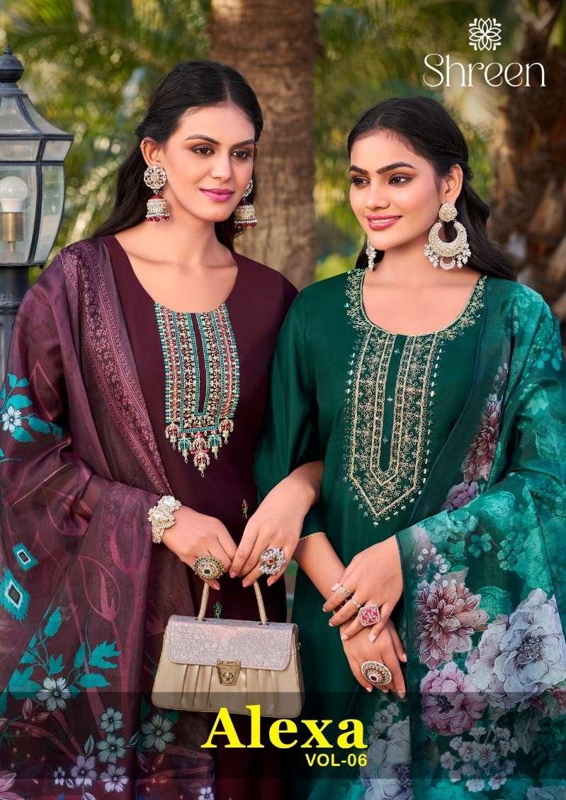 SHREEN ALEXA VOL-6 BY AQSAWHLESALE 1001 TO 1005 SERIES ROMAN SILK WORK READYMADE DRESSES