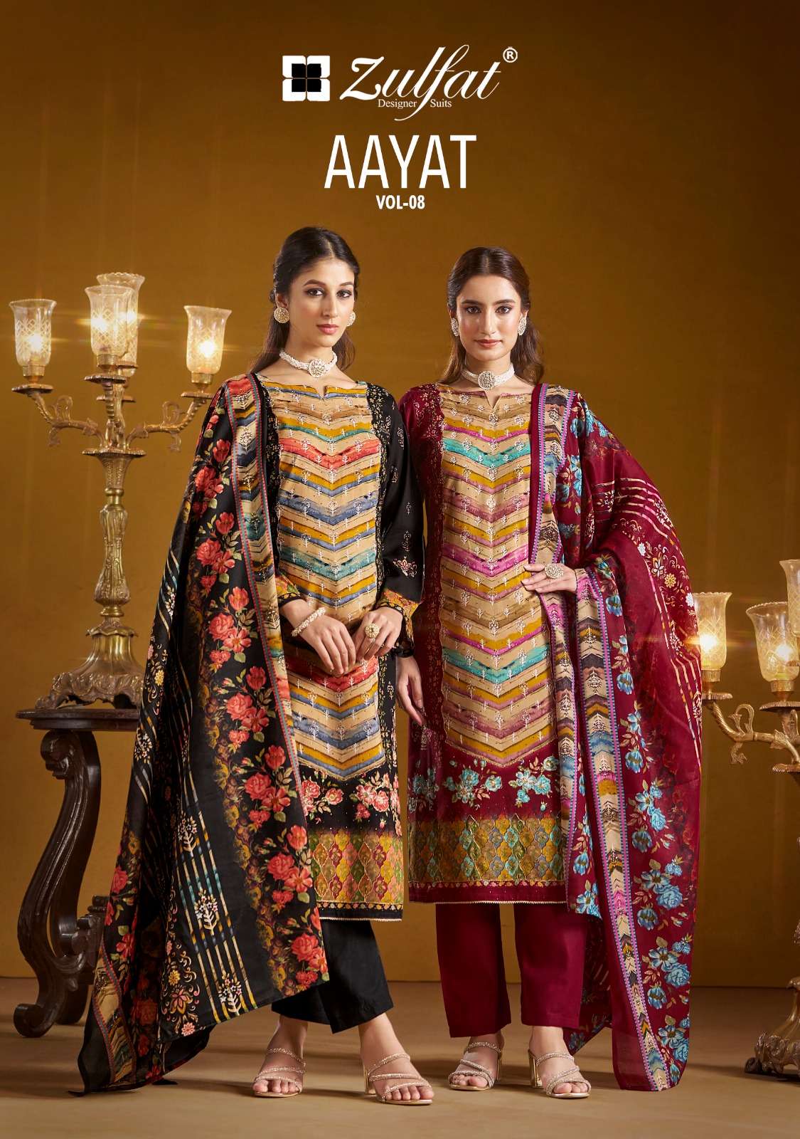 AAYAT VOL-8 BY ZULFAT 606-001 TO 606-006 SERIES VISCOSE RAYON PRINT WORK DRESSES