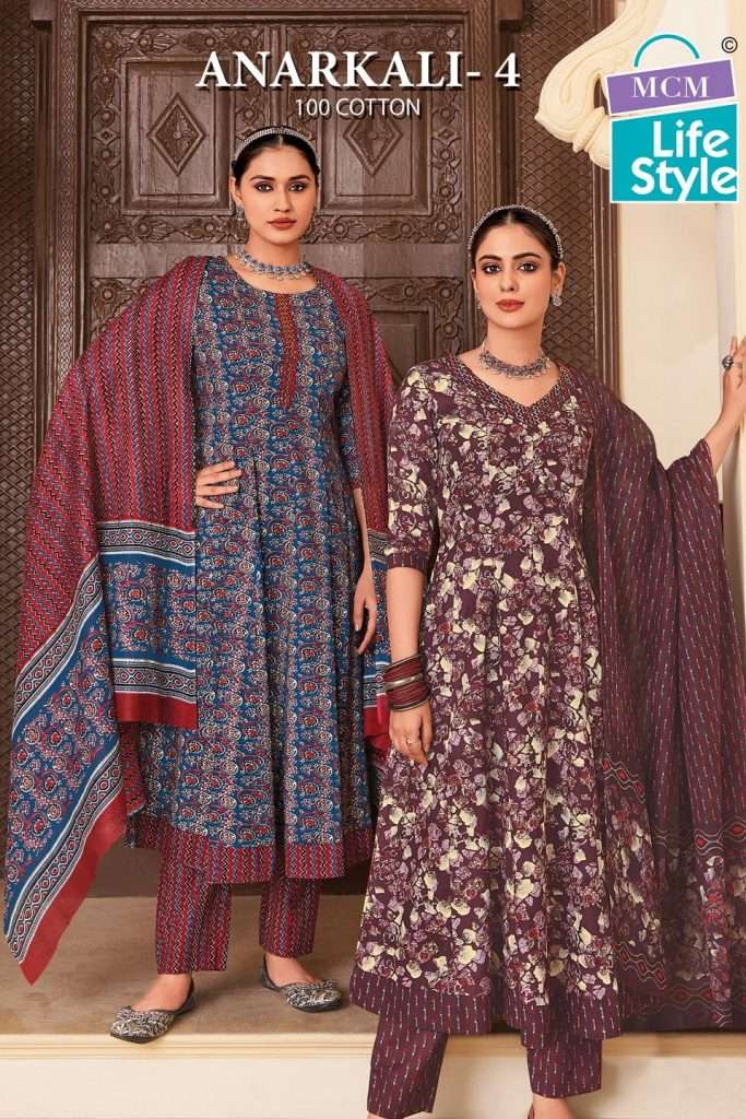 ANARKALI VOL-4 BY MCM LIFESTYLE 405 TO 414 SERIES COTTON PRINT WORK READYMADE DRESSES