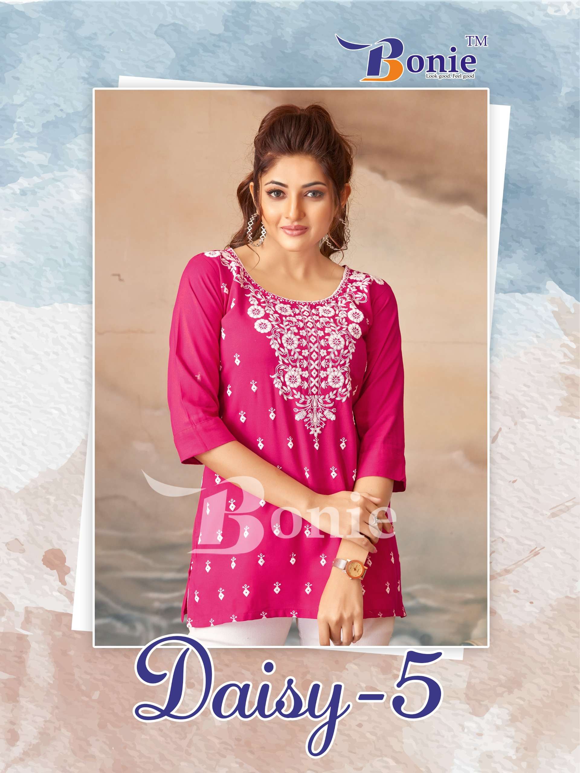 DAISY VOL-5 BY BONIE 5001 TO 5008 SERIES RAYON LUCKNOWI WORK TOP TUNICS