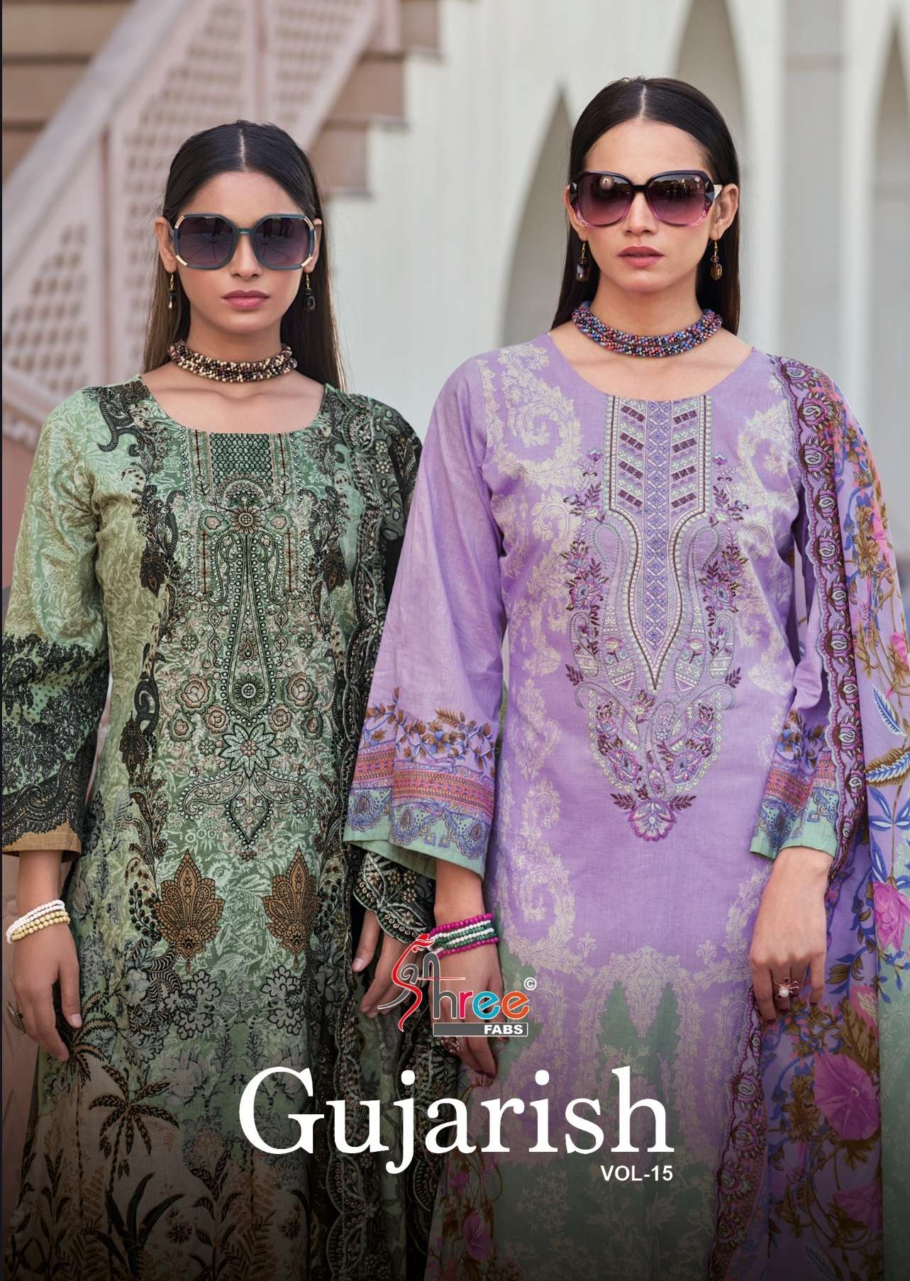 GUJARISH VOL-15 BY SHREE FABS 1501 TO 1508 SERIES COTTON PRINT WORK PAKISTANI DRESSES