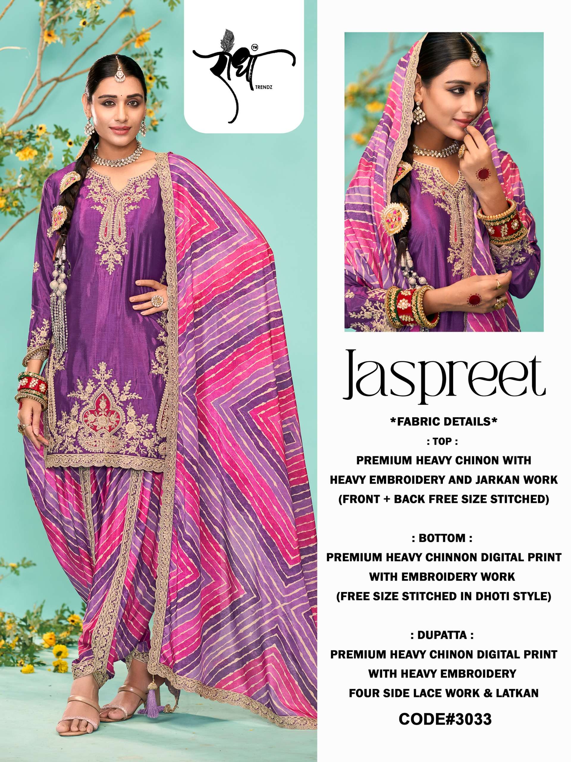 JASPREET BY RADHA TRENDZ 3031 TO 3034 SERIES CHINON EMBROIDERY WORK READYMADE DRESSES