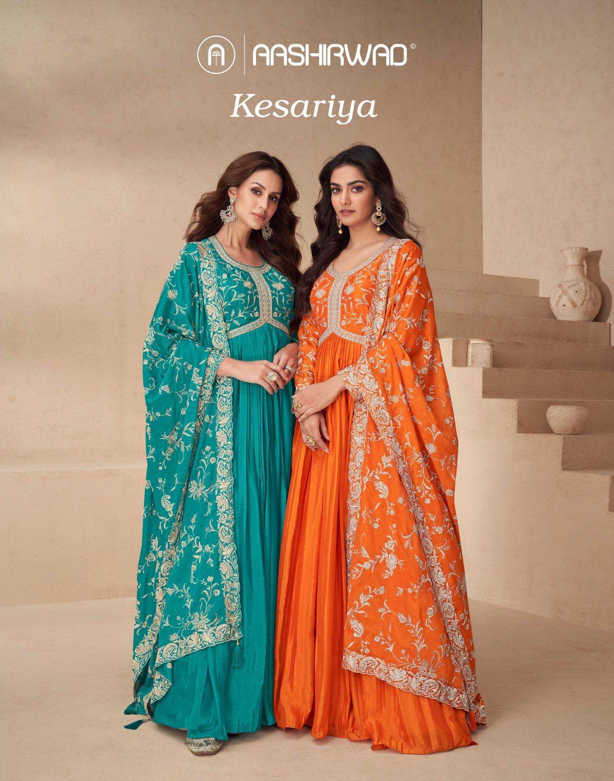KESARIYA BY AASHIRWAD CREATION 10140 TO 10143 SERIES CHINON SILK GOWN & DUPATTAS