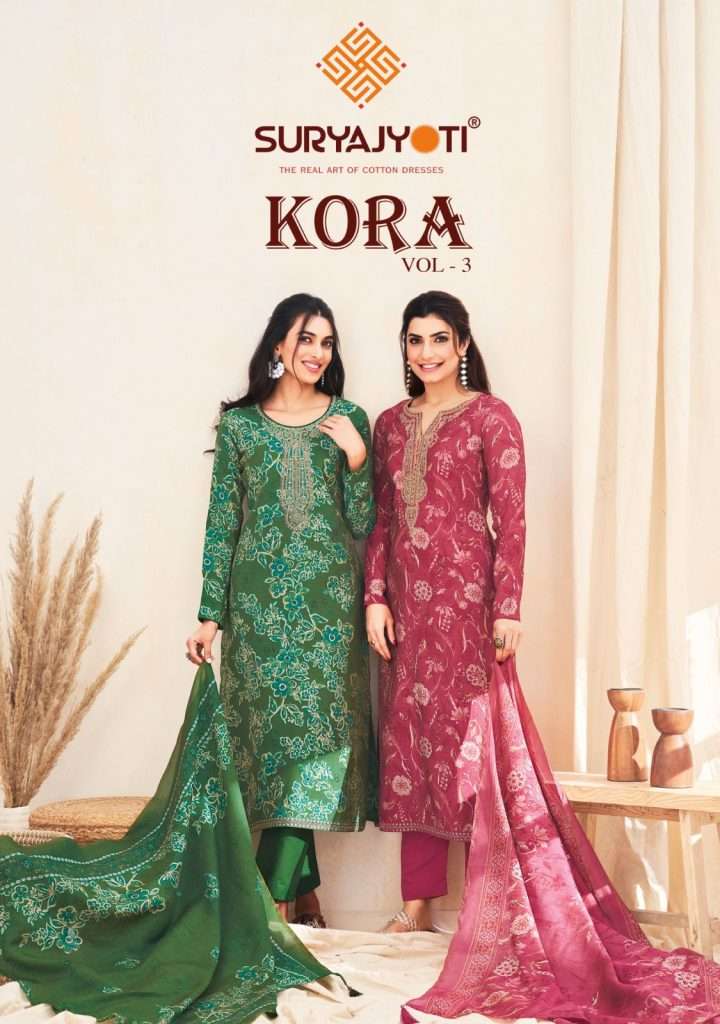 KORA VOL-3 BY SURYAJYOTI 3001 TO 3006 SERIES MODAL PRINT WORK DRESSES