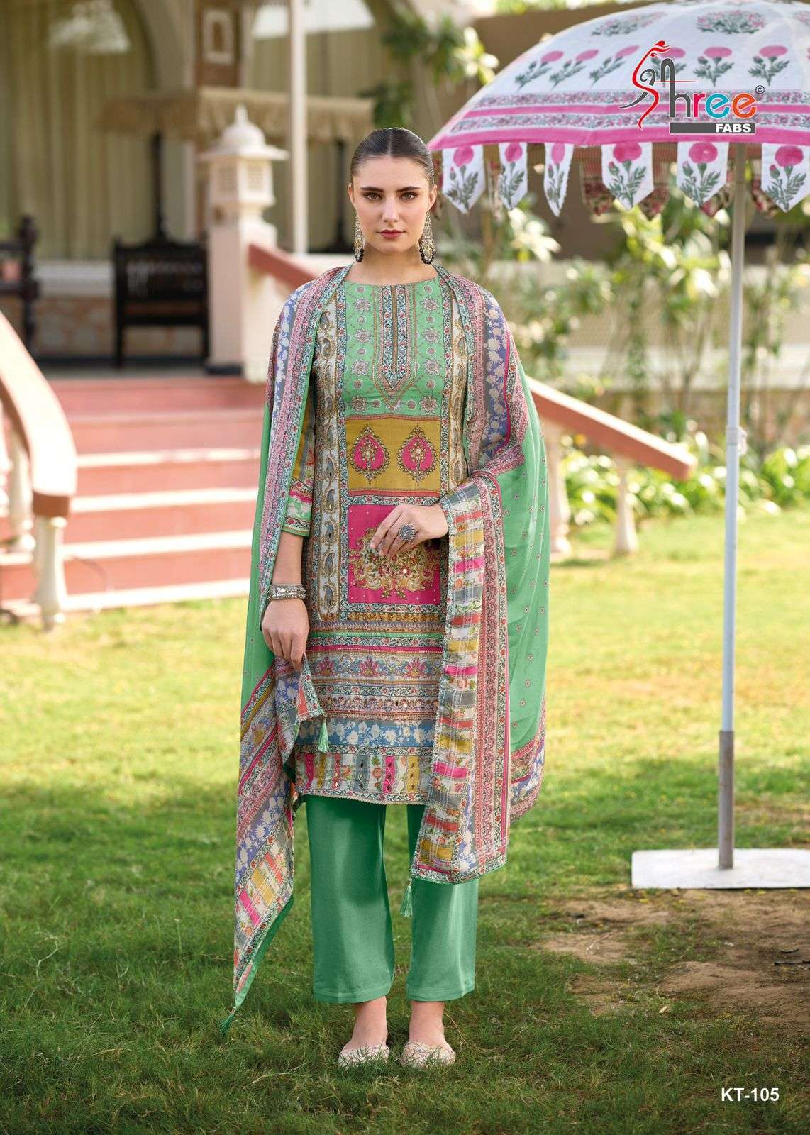 KT-105 COLOURS BY SHREE FABS 105-A TO 105-D SERIES MUSLIN PRINT WORK PAKISTANI DRESSES