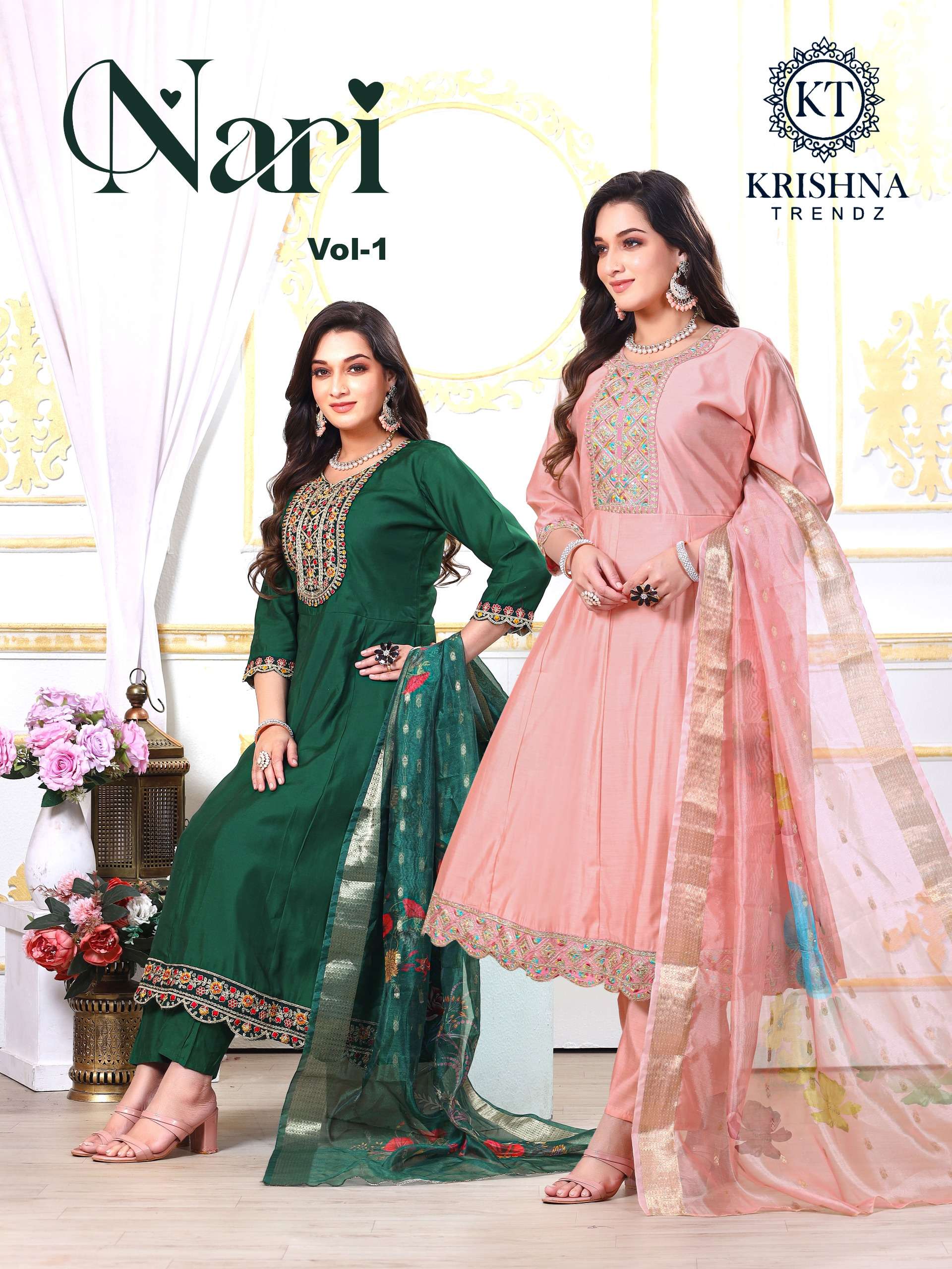 KT NARI VOL-1 BY AQSAWHOLESALE 1001 TO 1006 SERIES ROMAN SILK WORK READYMADE DRESSES