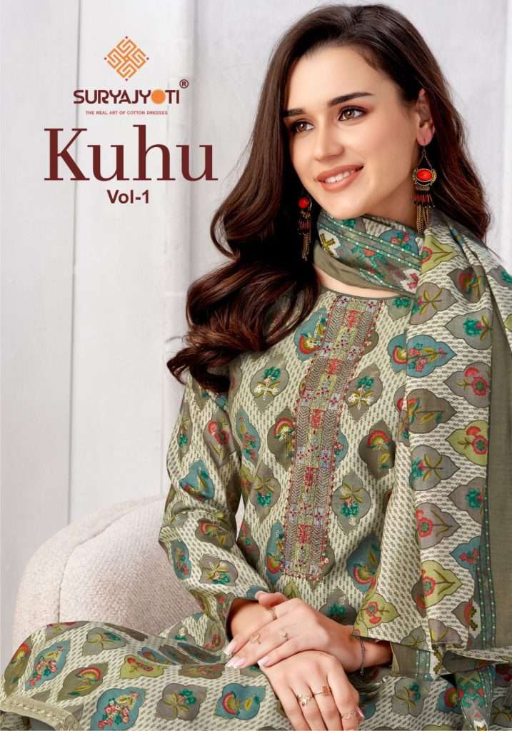 KUHU VOL-1 BY SURYAJYOTI 1001 TO 1008 SERIES MODAL PRINT EMBROIDERY WORK DRESSES