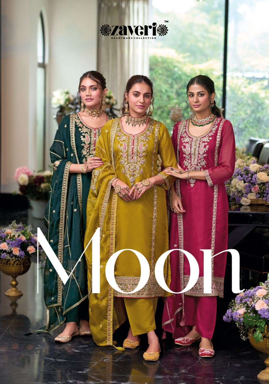 MOON BY ZAVERI 1394 TO 1396 SERIES SOFT ORGANZA EMBROIDERY WORK READYMADE DRESSES