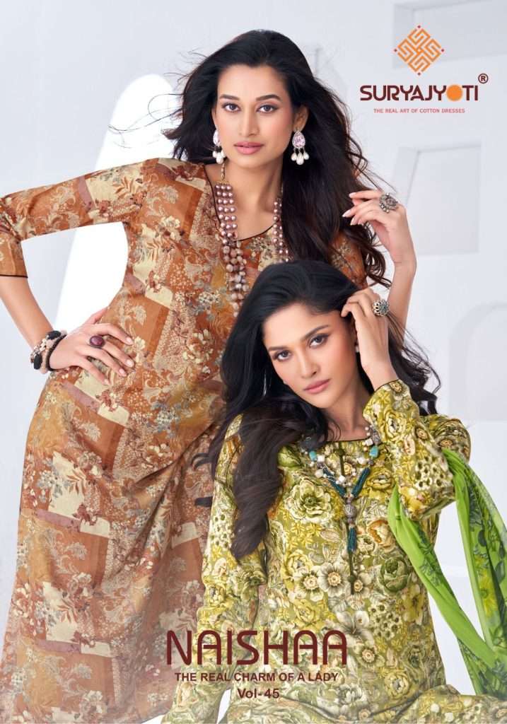NAISHAA VOL-45 BY SURYAJYOTI 45001 TO 45008 SERIES JAM SATIN PRINT DRESSES