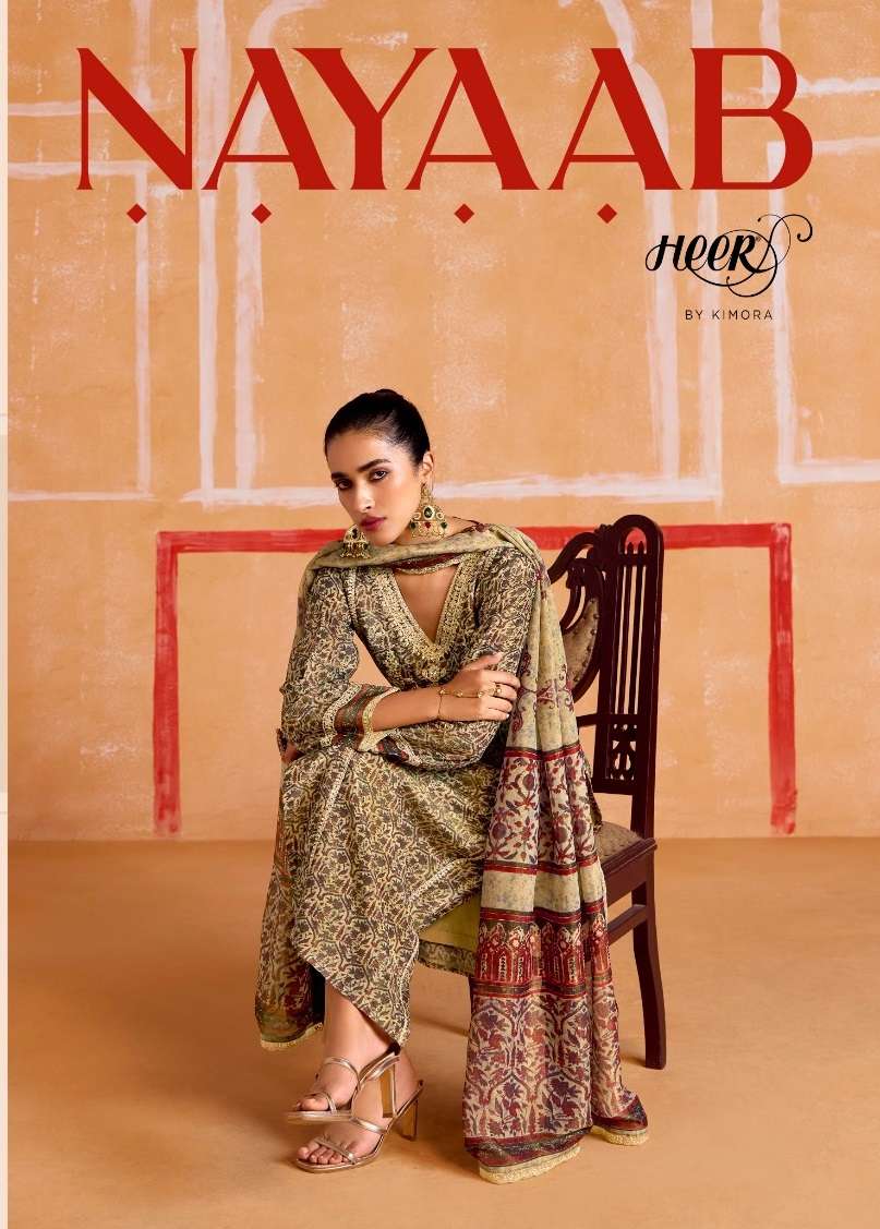 NAYAAB BY HEER 9541 TO 9546 SERIES MUSLIN PRINT BANARASI WORK DRESSES