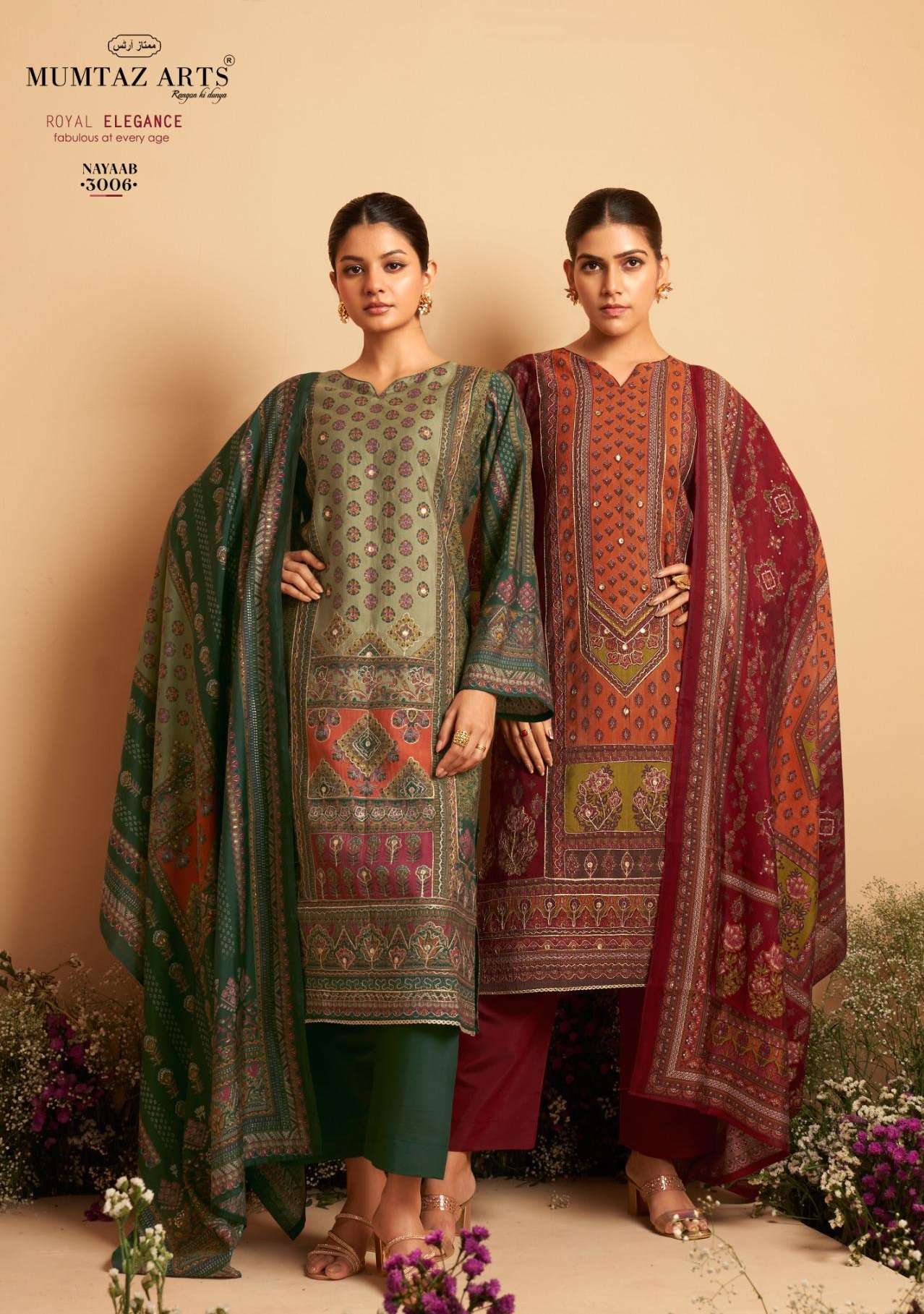 NAYAAB VOL-3 BY MUMTAZ ARTS 3001 TO 3006 SERIES VISCOSE MUSLIN PRINT WORK DRESSES