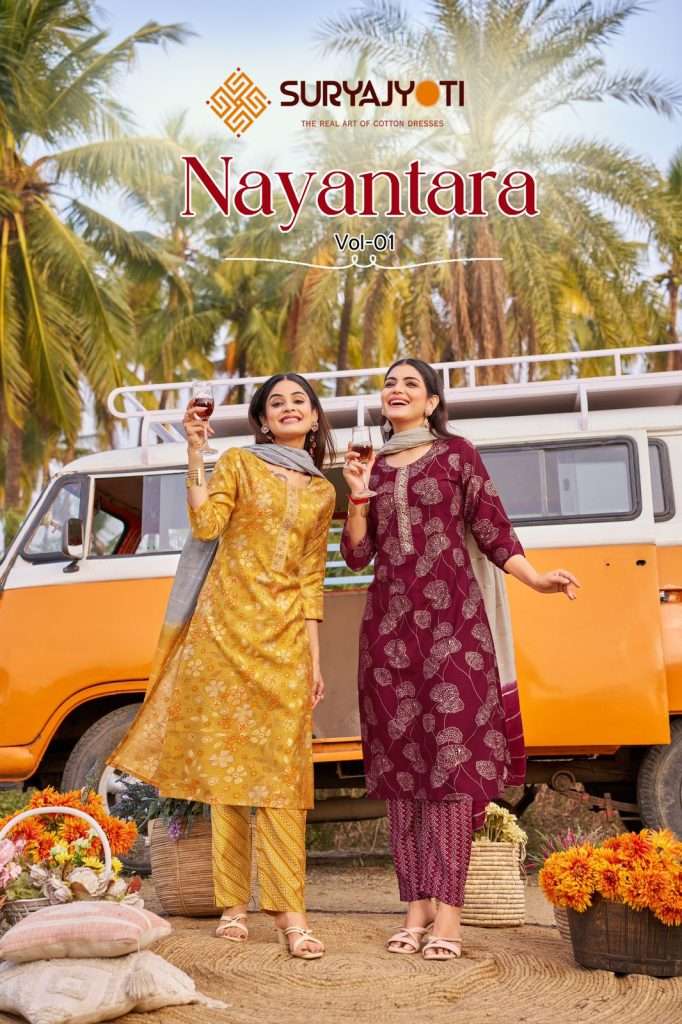 NAYANTARA BY SURYAJYOTI 1001 to 1008 SERIES ROMAN VERTICAN WORK READYMADE DRESSES
