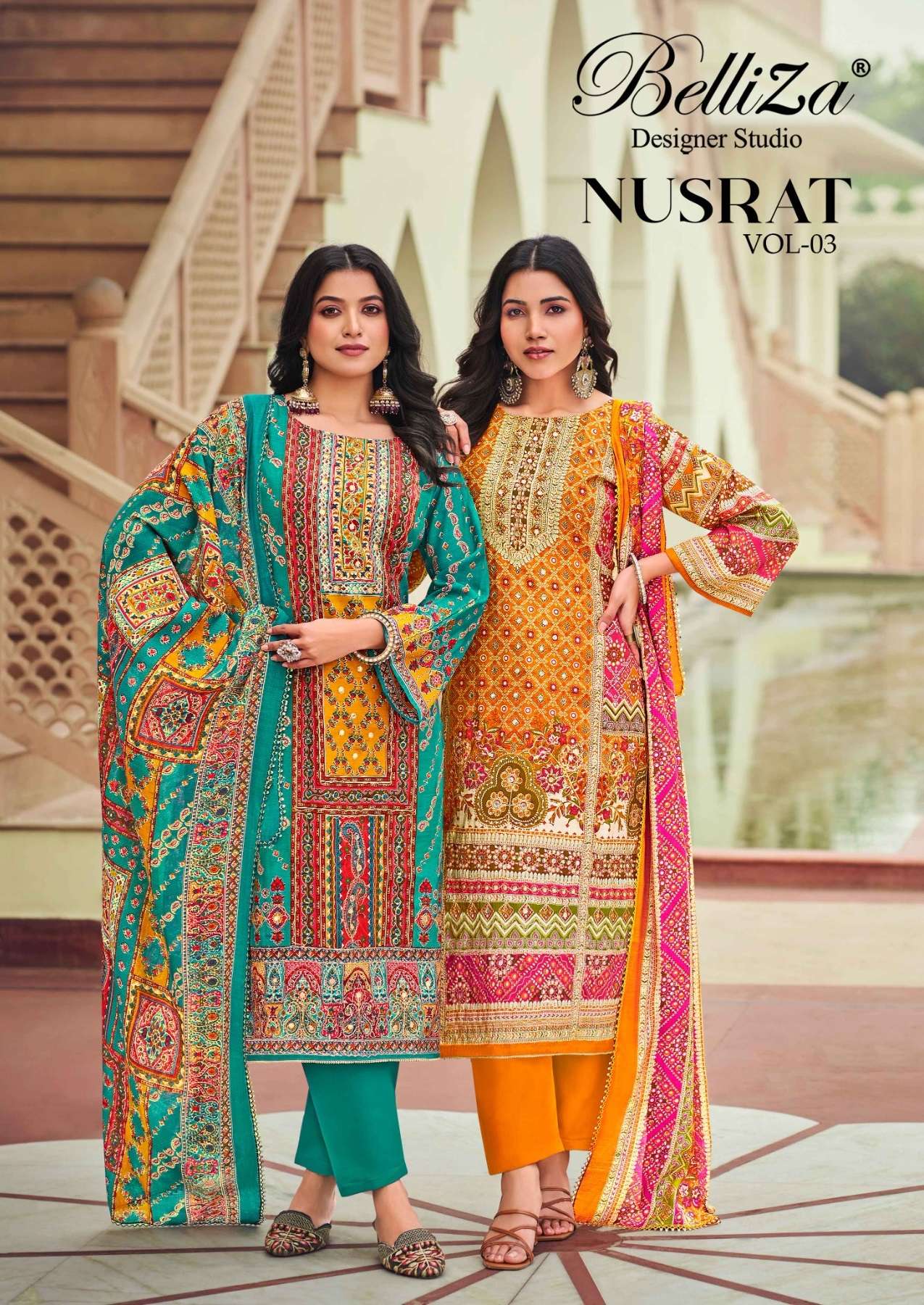 NUSRAT VOL-3 BY BELLIZA 1015-001 TO 1015-006 SERIES VISCOSE MUSLIN PRINT WORK DRESSES