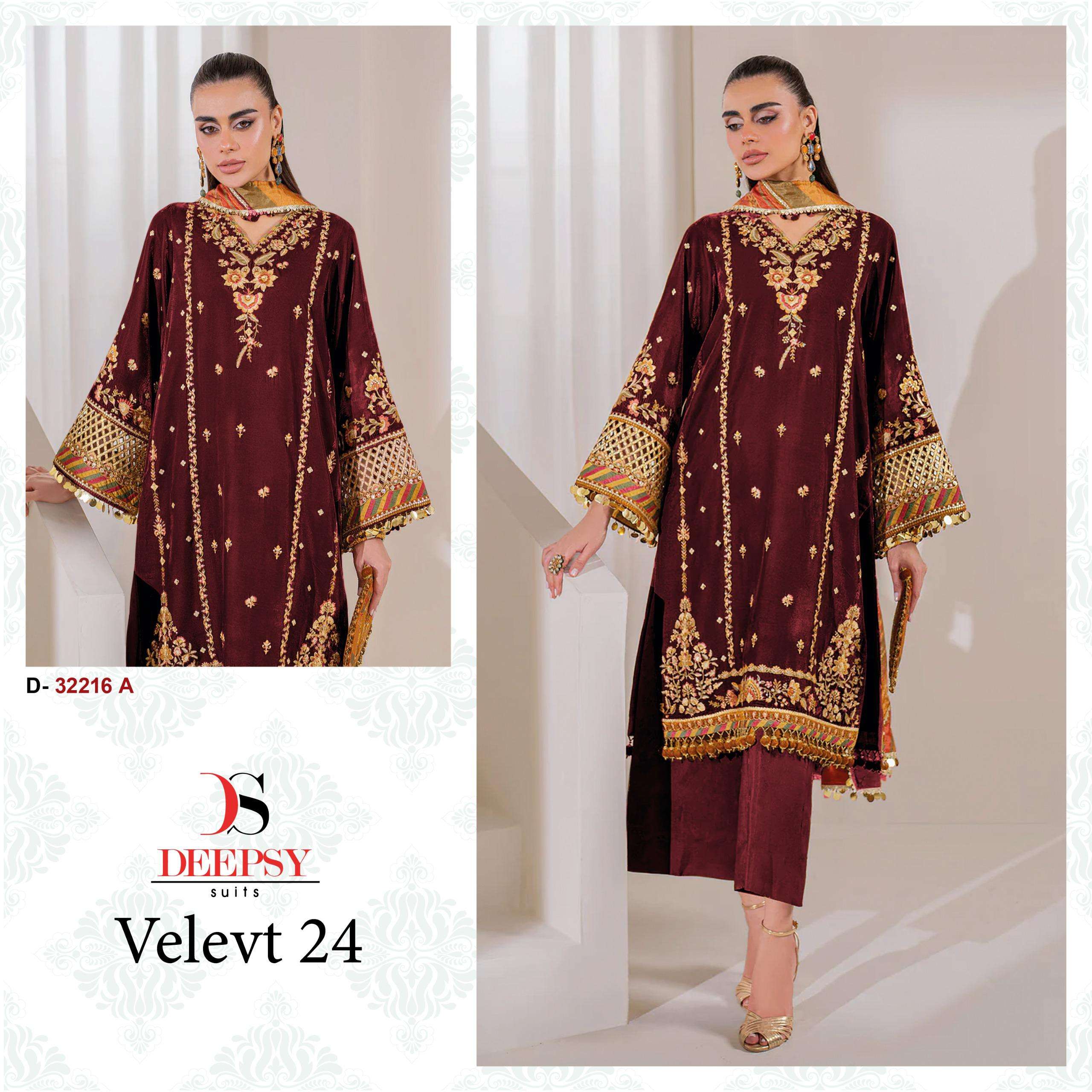 VELVET-24 BY DEEPSY SUITS 32216-A TO 32216-D SERIES VELVET WORK WINTER WEAR DRESSES
