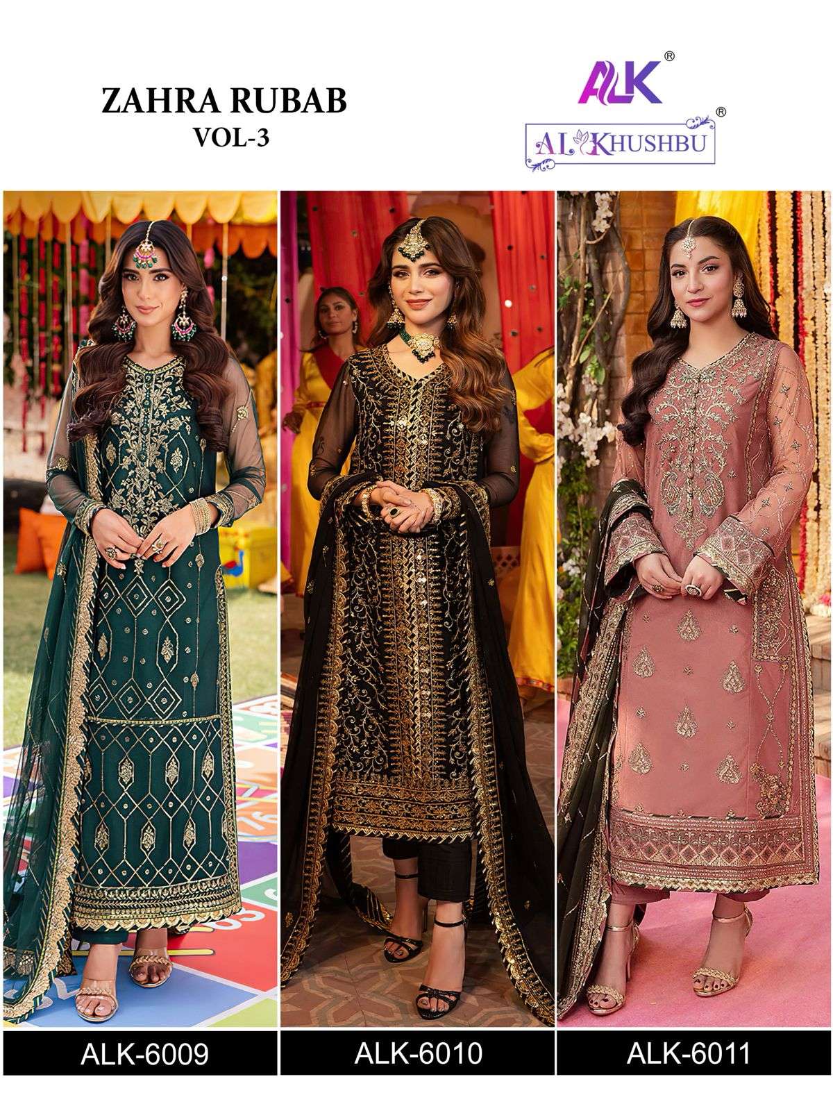 ZAHRA RUBAB VOL-3 BY AL KHUSHBU 6009 TO 6011 SERIES GEORGETTE WORK DRESSES