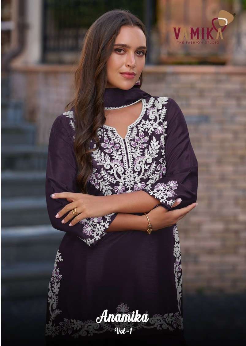 ANAMIKA VOL-1 BY VAMIKA 4201-A TO 4201-E SERIES CHINON WORK READYMADE DRESSES