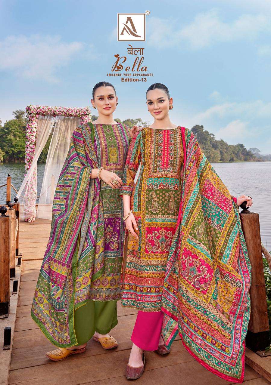 BELLA VOL-13 BY ALOK SUIT 1768-001 TO 1768-006 SERIES MUSLIN PRINT WORK DRESSES