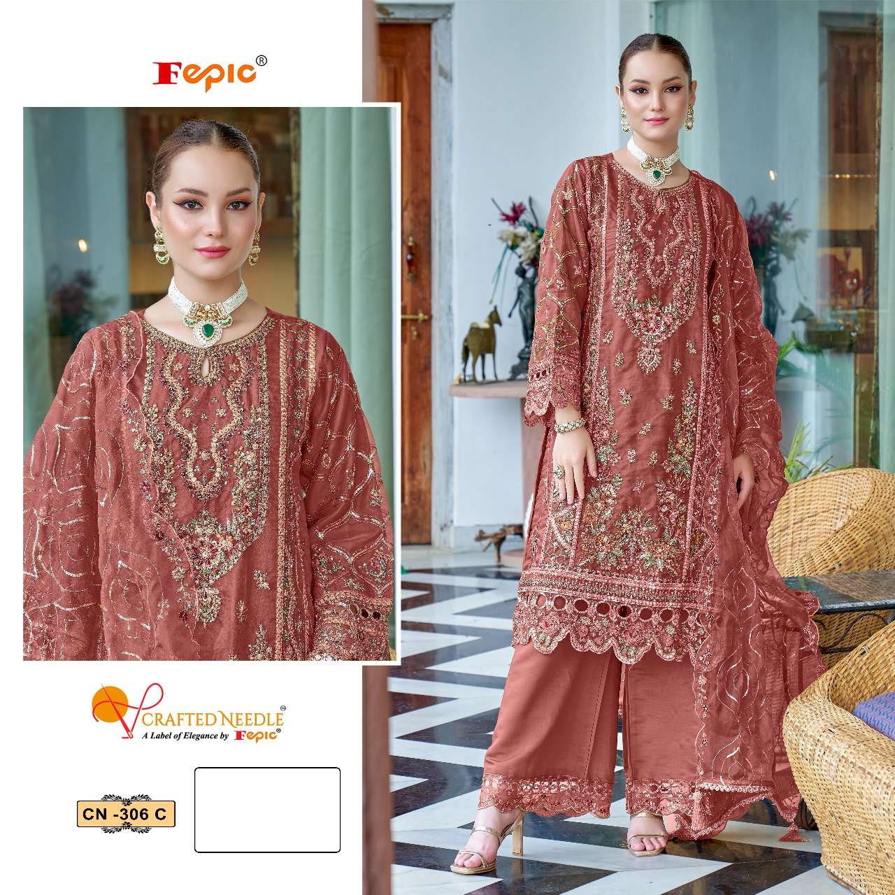 CN-306 COLOURS BY FEPIC 306-A TO 306-C SERIES ORGANZA WORK READYMADE DRESSES