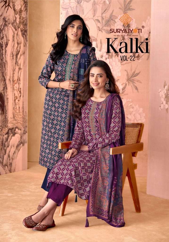 KALKI VOL-22 BY SURYAJYOTI 22001 TO 22008 SERIES SDATIN PRINT WORK DRESSES
