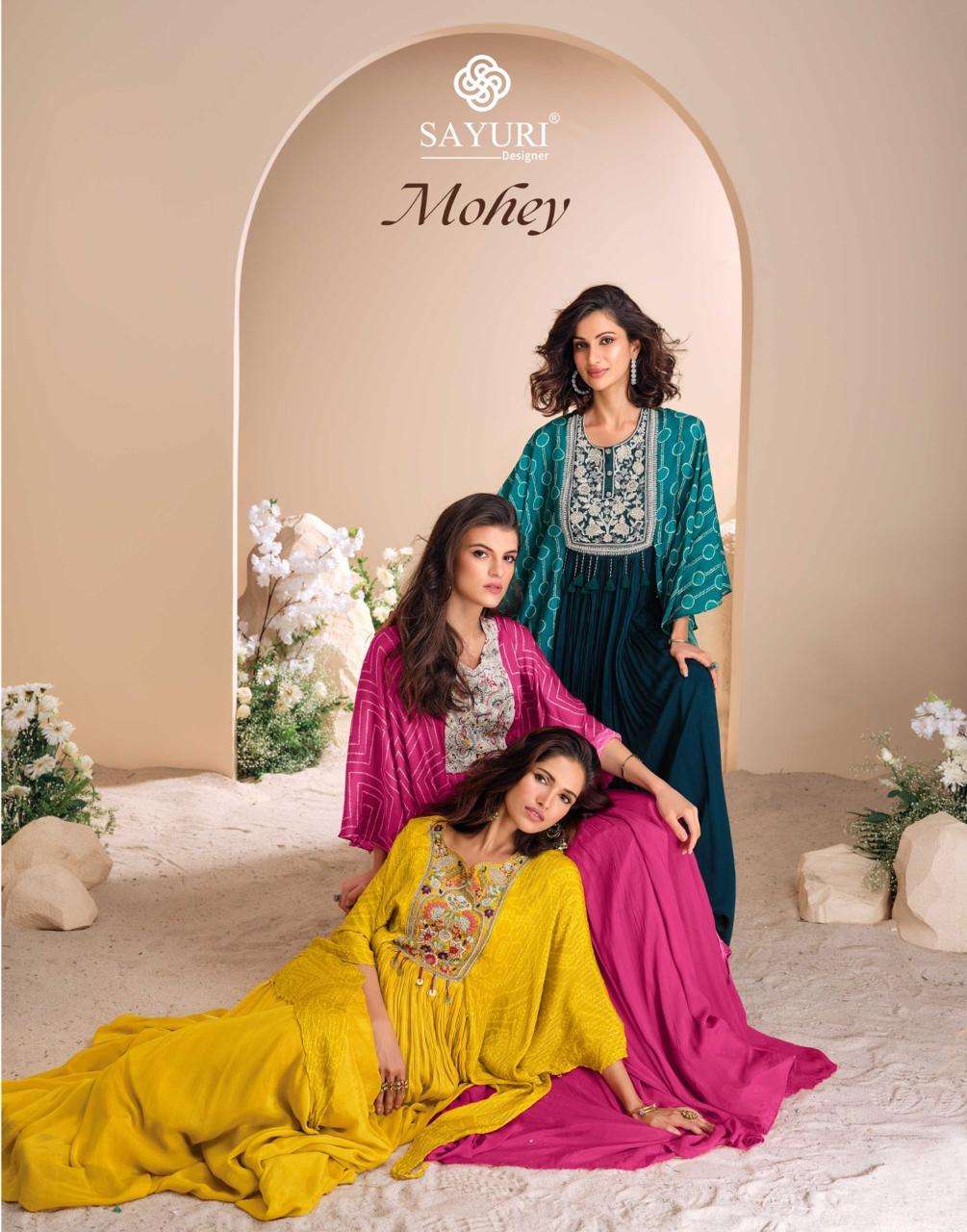 MOHEY BY SAYURI 5690 TO 5692 SERIES CHINON SILK PRINT WORK GOWNS