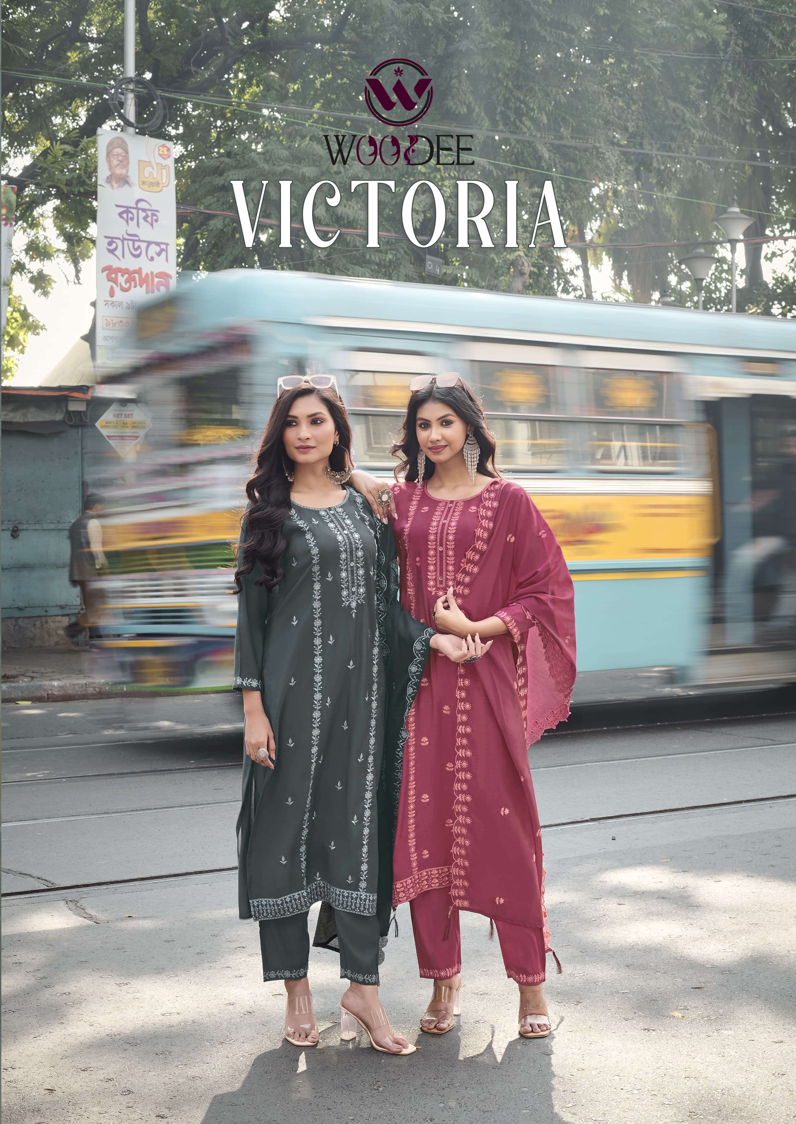 VICTORIA BY WOODEE 1001 TO 1006 SERIES VISCOSE ROMAN WORK READYMADE DRESSES