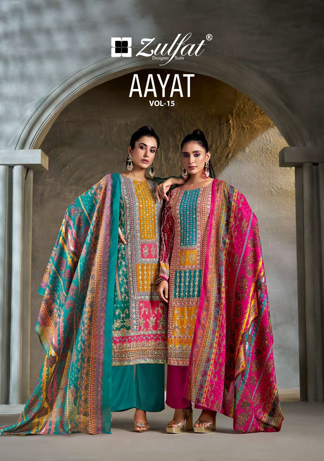 AAYAT VOL-15 BY ZULFAT 636-001 TO 636-006 SERIES RAYON HANDWORK DRESSES