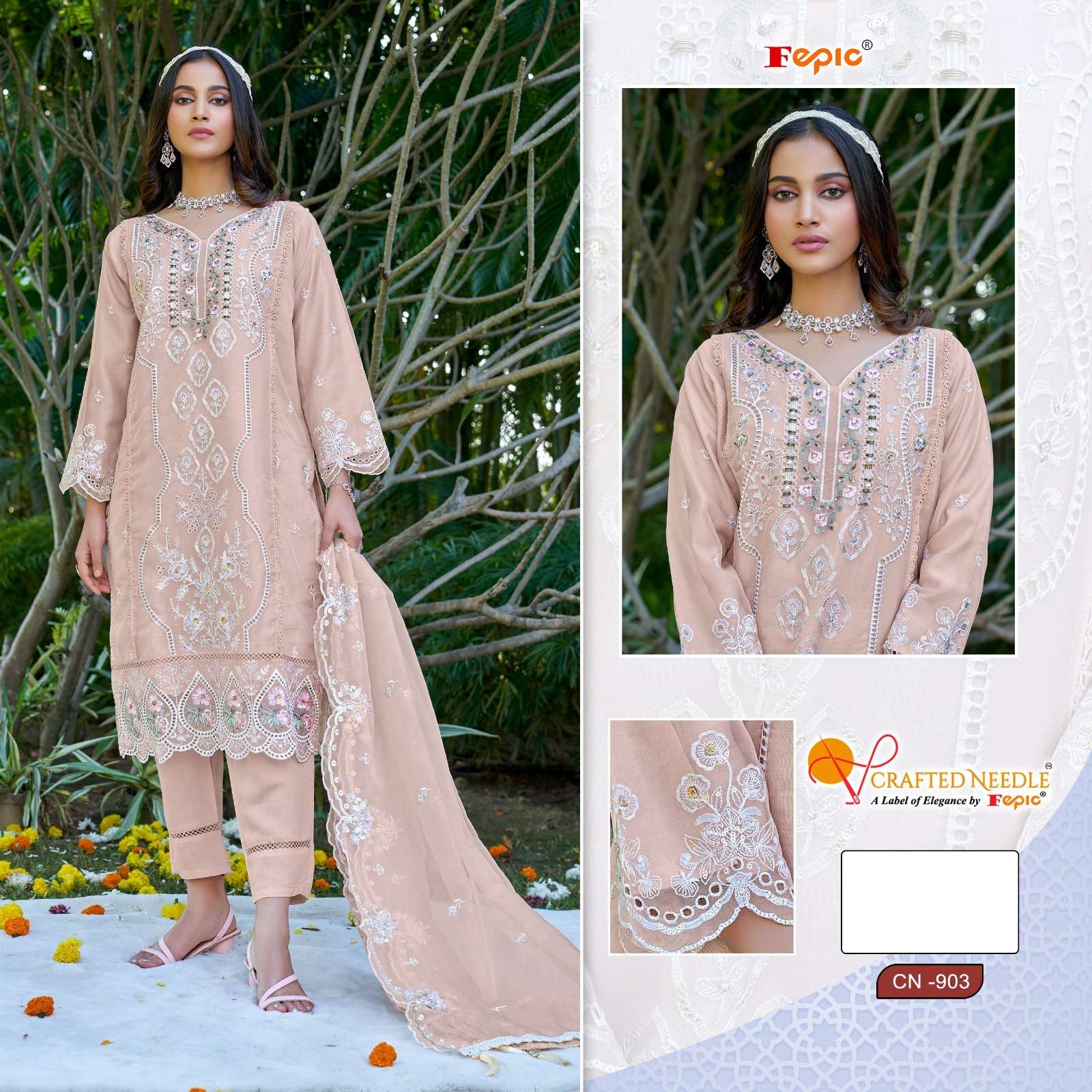 CN-903 COLOURS BY FEPIC 903-A TO 903-D SERIES ORGANZA READYMADE DRESSES
