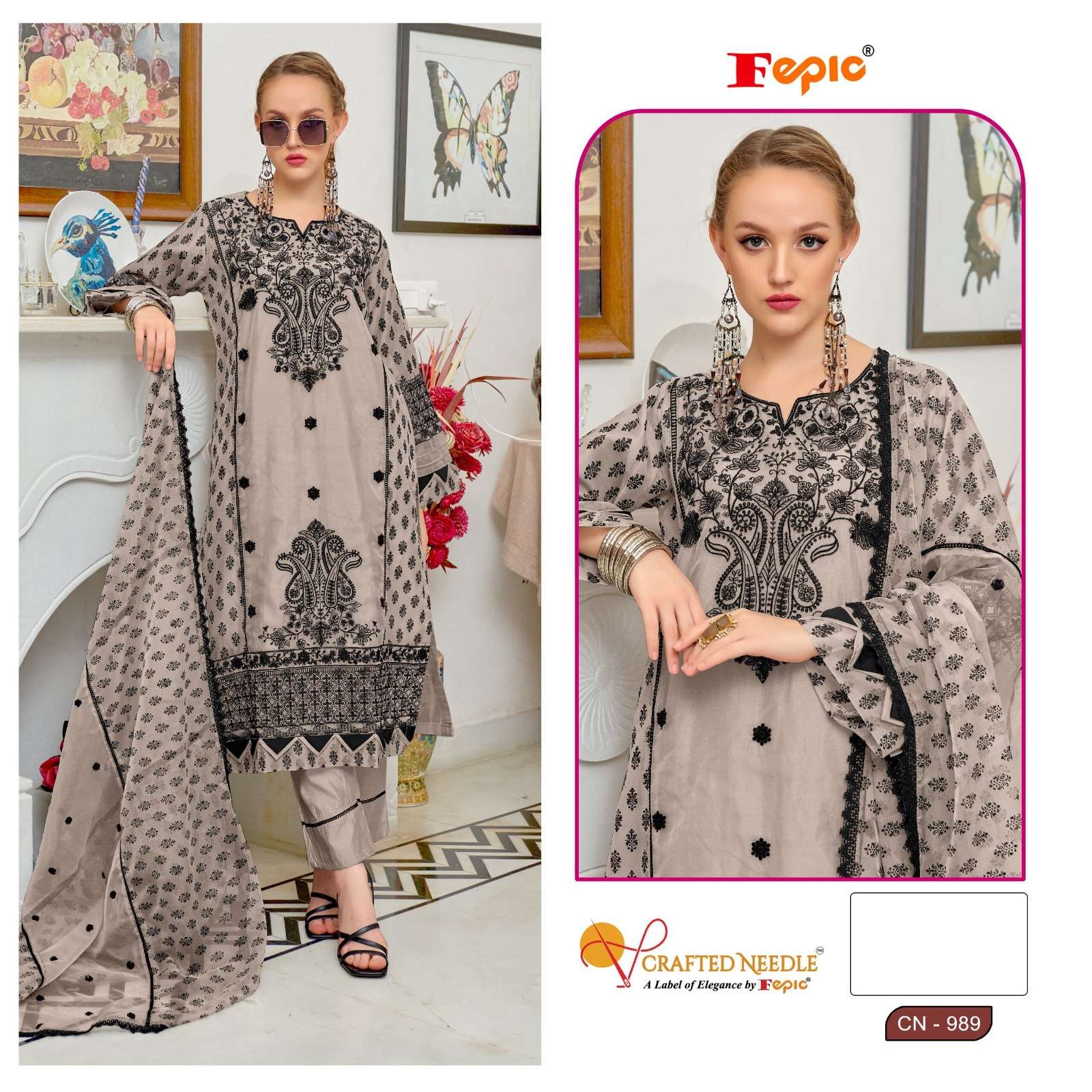 CN-989 COLOURS BY FEPIC 989-A TO 989-C SERIES ORGANZA WORK READYMADE DRESSES