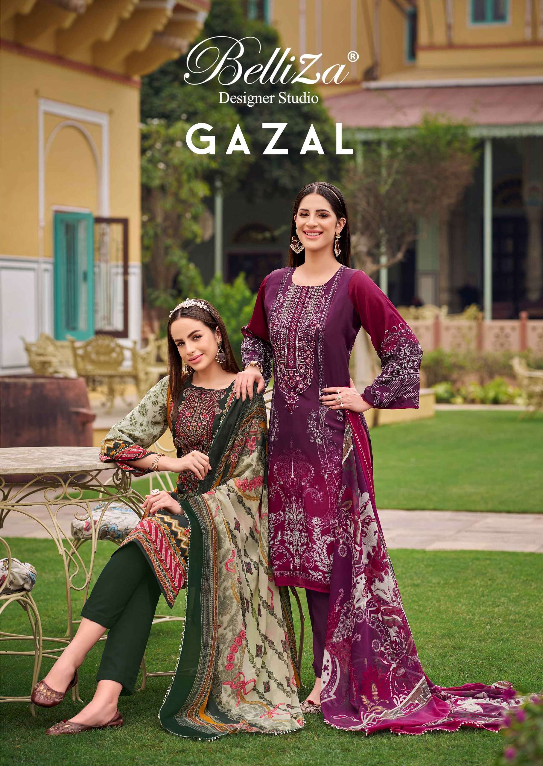 GAZAL BY BELLIZA 810-001 TO 810-008 SERIES CREPE PRINT WORK PAKISTANI DRESSES