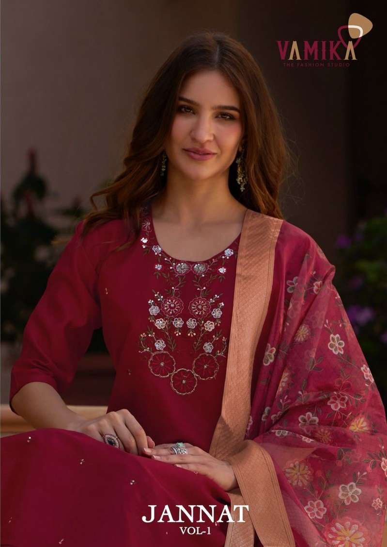 JANNAT VOL-1 BY VAMIKA 2441-A TO 2441-D SERIES VETICAN SILK READYMADE DRESSES