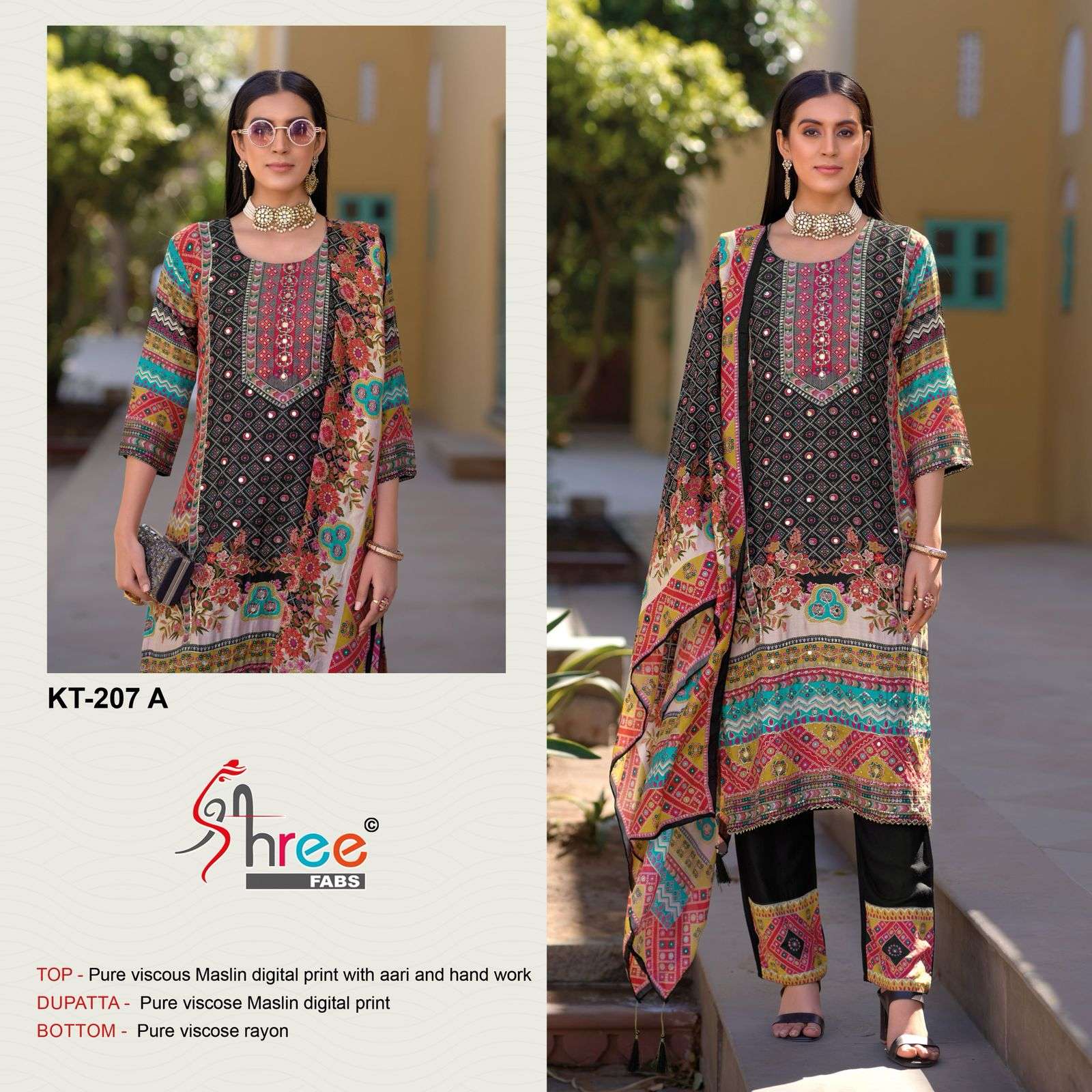 KT-207 COLOURS BY SHREE FABS 207-A TO 207-D SERIES VISCOSE MUSLIN WORK DRESSES