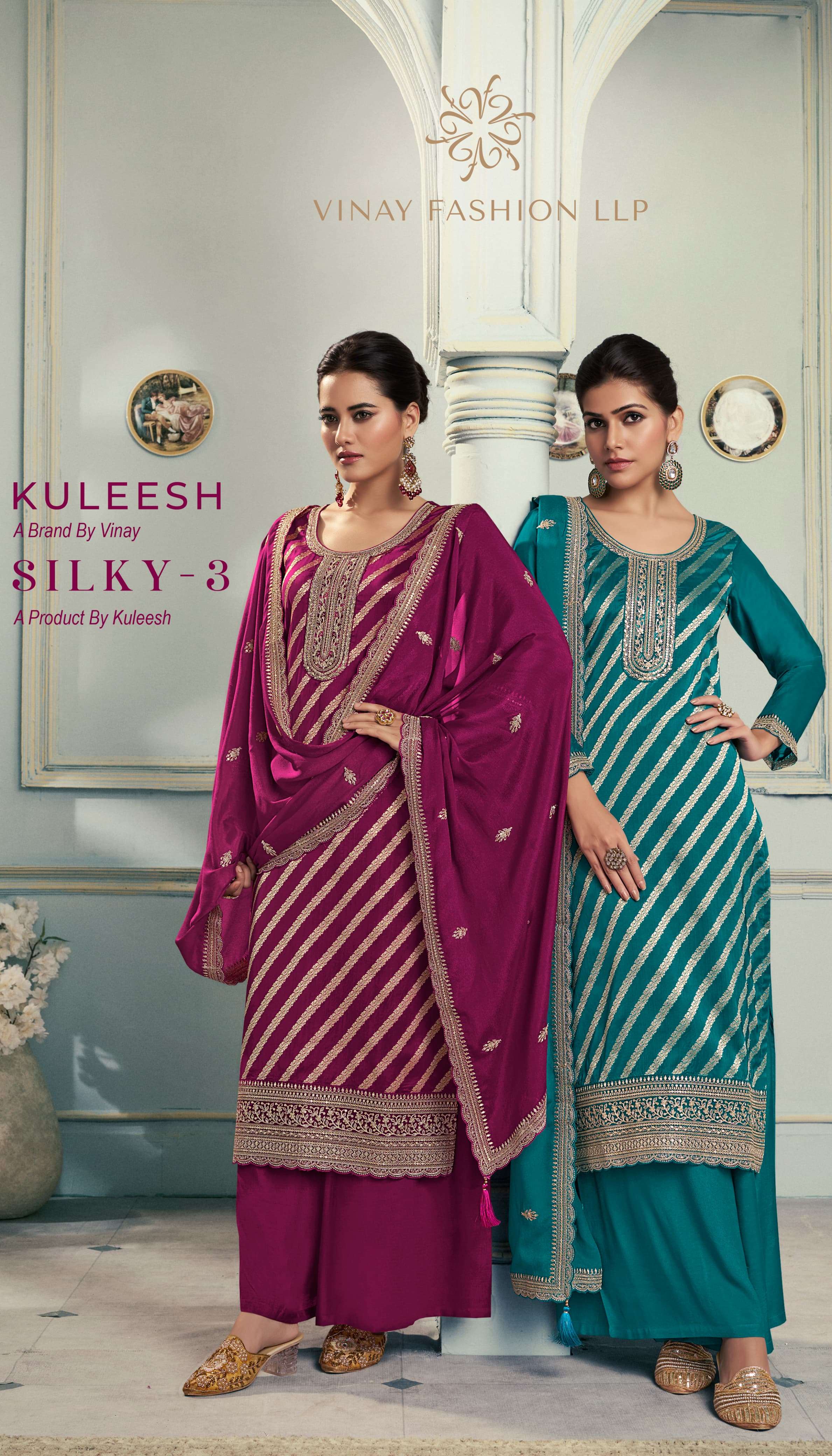 KULEESH SILKY VOL-3 BY VINAY FASHION 70261 TO 70264 SERIES SILK WORK DRESSES