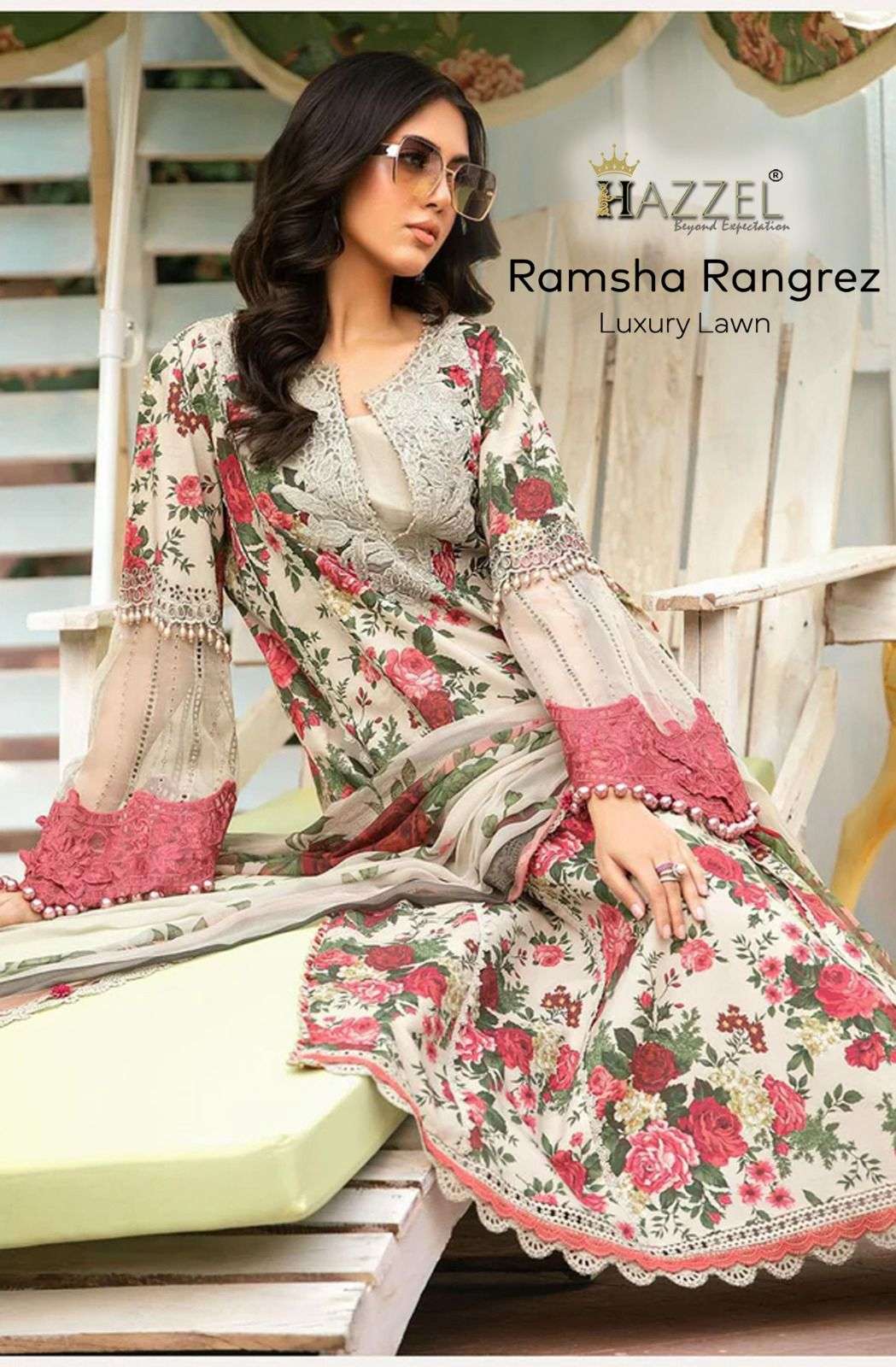 RAMSHA RANGREZ LUXURY LAWN BY HAZZEL COTTON PRINT WORK PAKISTANI DRESSES