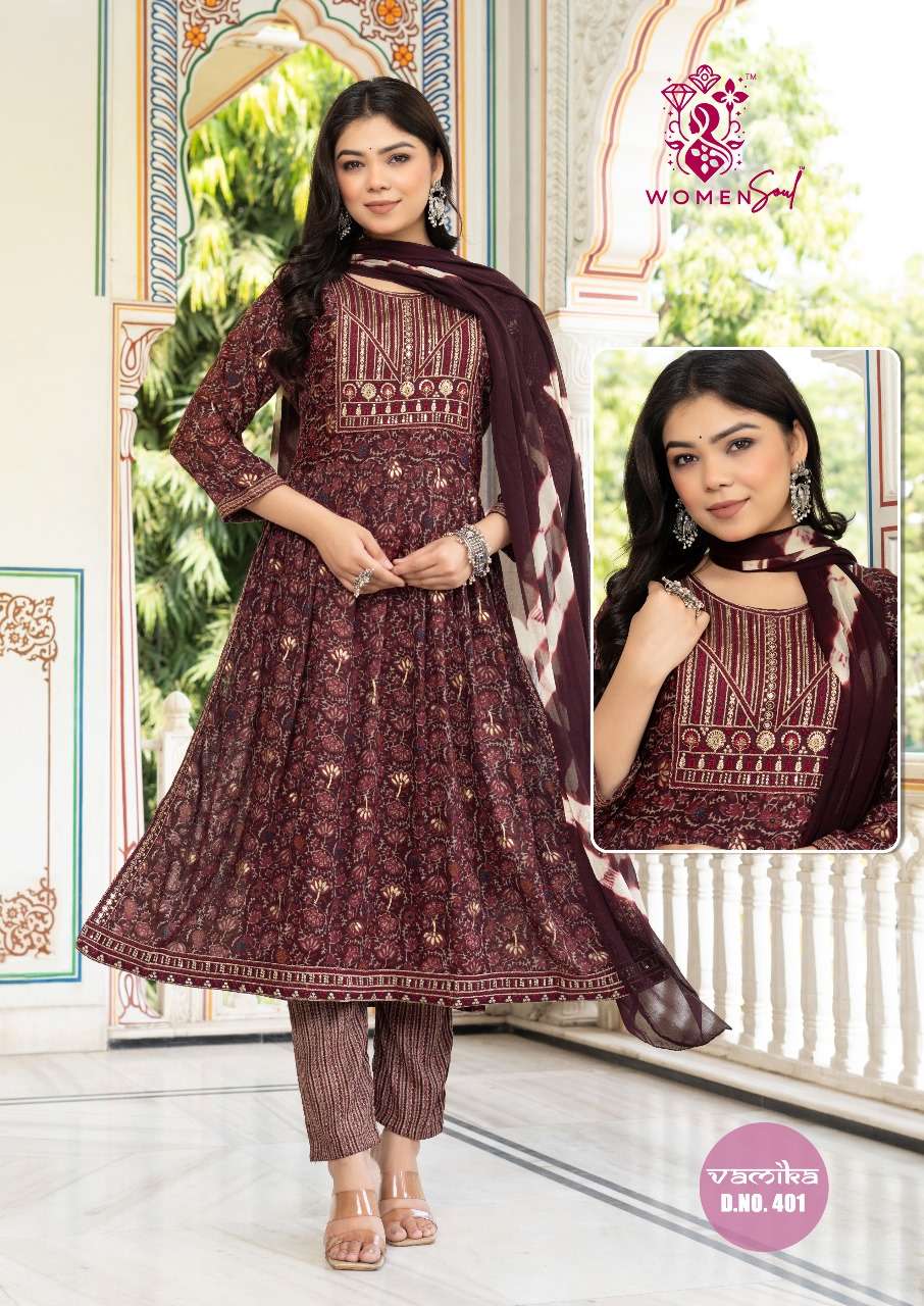 WOMENSOUL VAMIKA VOL-4 BY AQSAWHOLESALE RAYON WORK READYMADE DRESSES