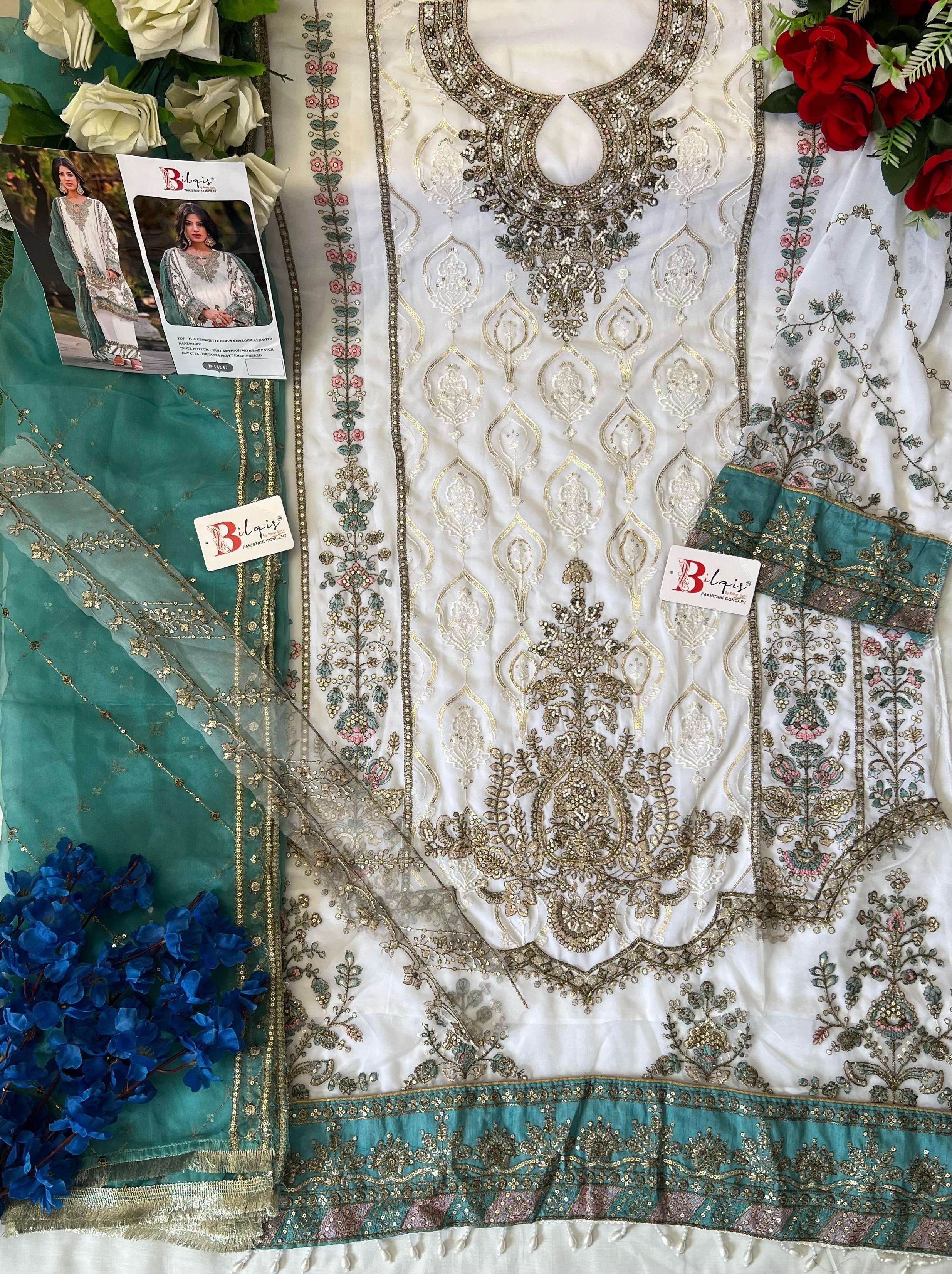 BILQIS 142-G TO 142-J SERIES FAUX GEORGETTE EMBROIDERY WORK DRESSES