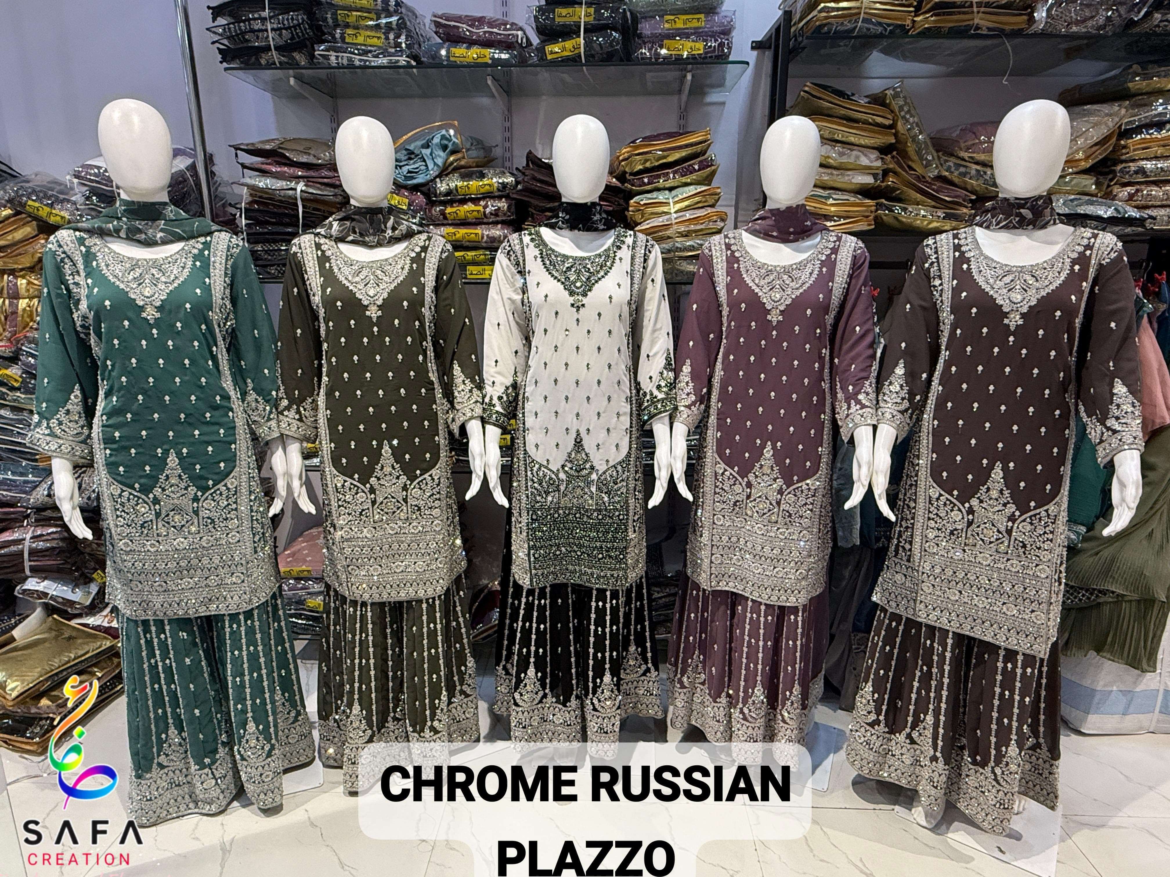 CHROME RUSSIAN PLAZZO BY AQSAWHOLESALE GEORGETTE HEAVY WORK DRESSES