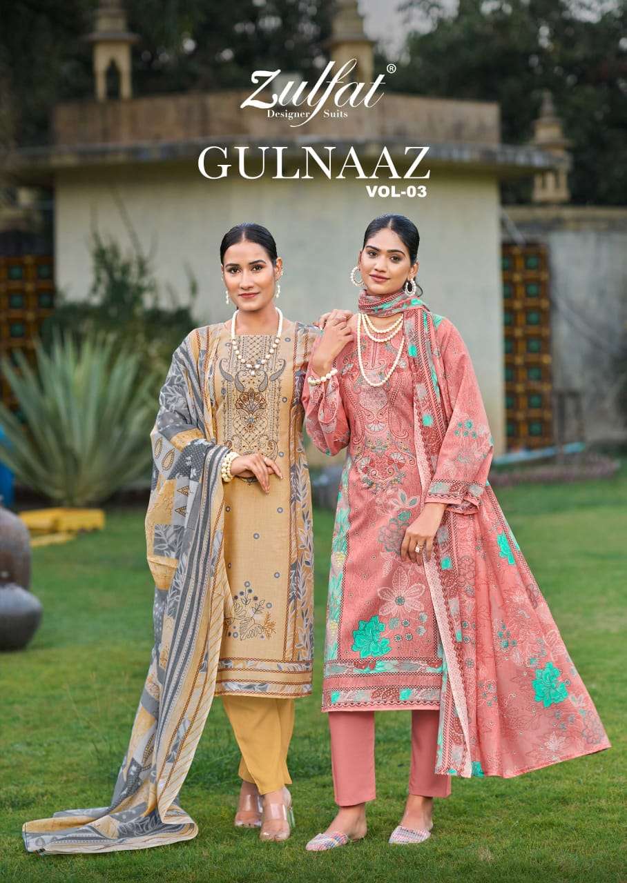 GULNAAZ VOL-3 BY ZULFAT 648-001 TO 648-008 SERIES COTTON PRINT WORK DRESSES