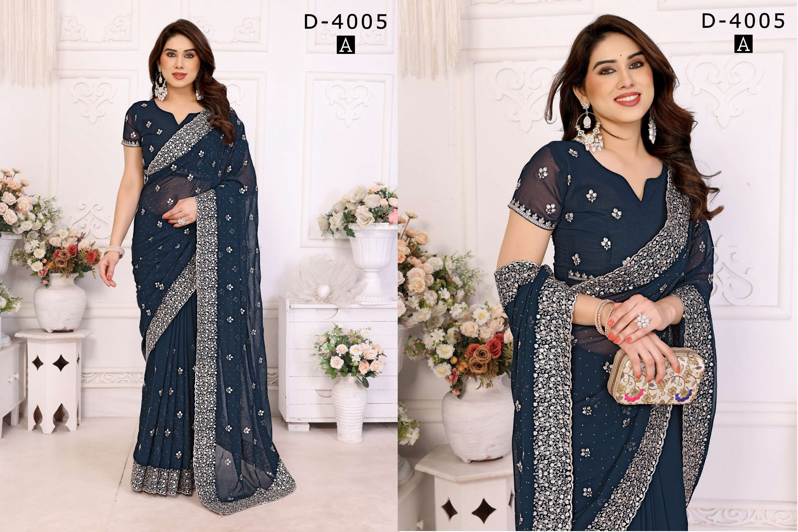 JAYSHREE 4005-A TO 4005-E SERIES GEORGETTE HEAVY WORK FESTIVE WEAR SAREES