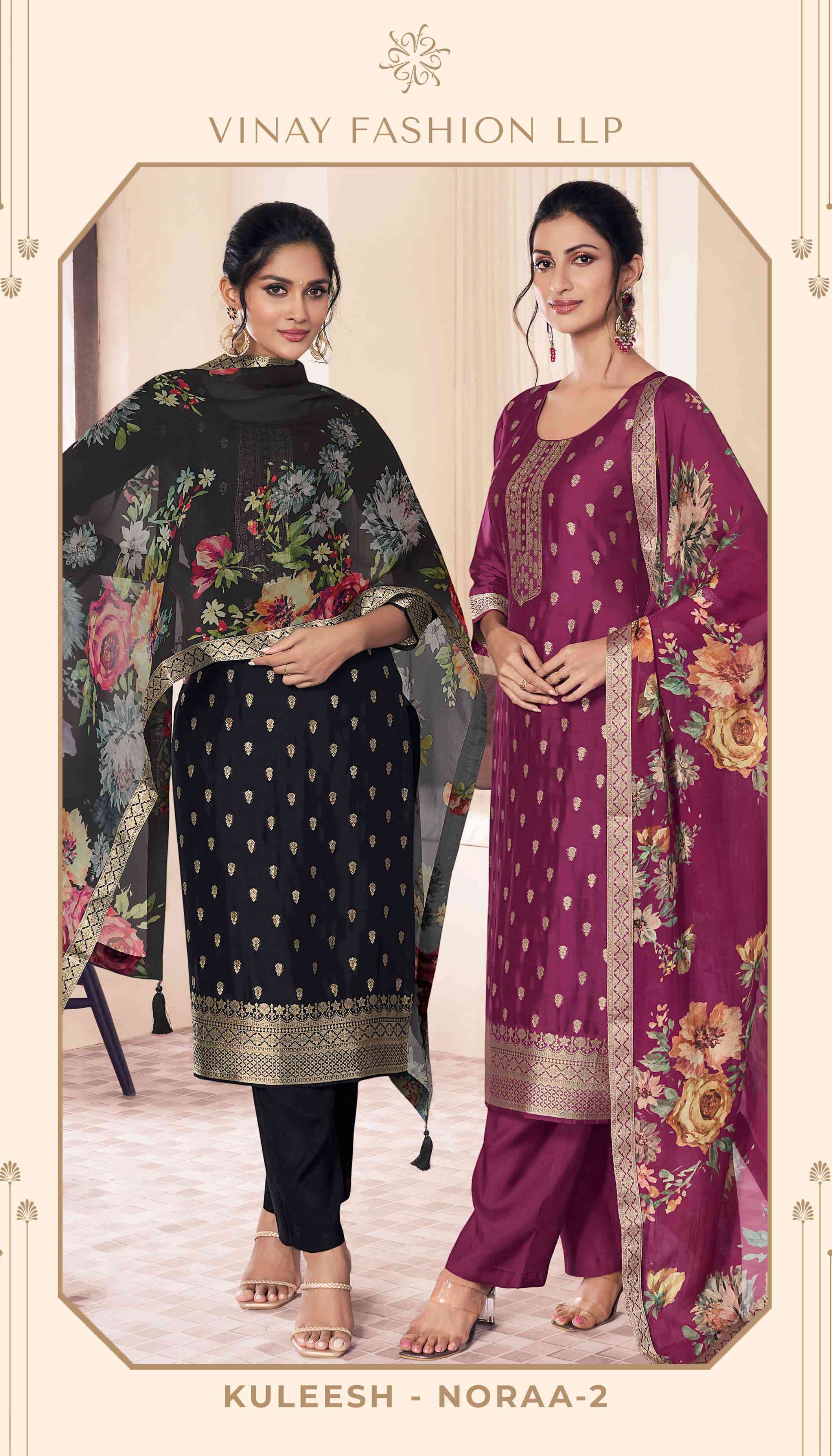 KULEESH NORAA VOL-2 BY VINAY FASHION 74131 TO 74135 SERIES SILK JACQUARD DRESSES