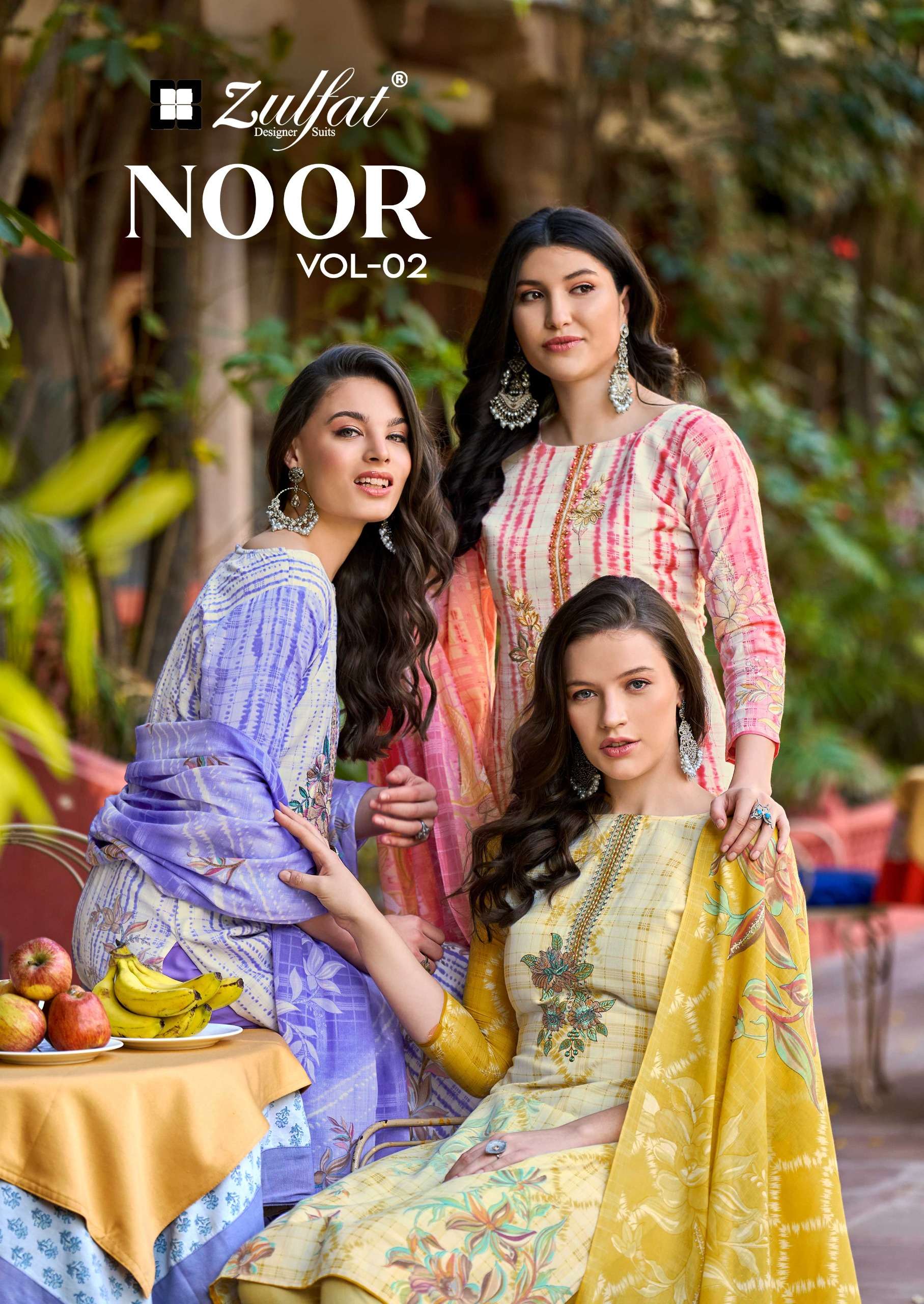 NOOR VOL-2 BY ZULFAT 655-001 TO 655-008 SERIES COTTON PRINT WORK DRESSES