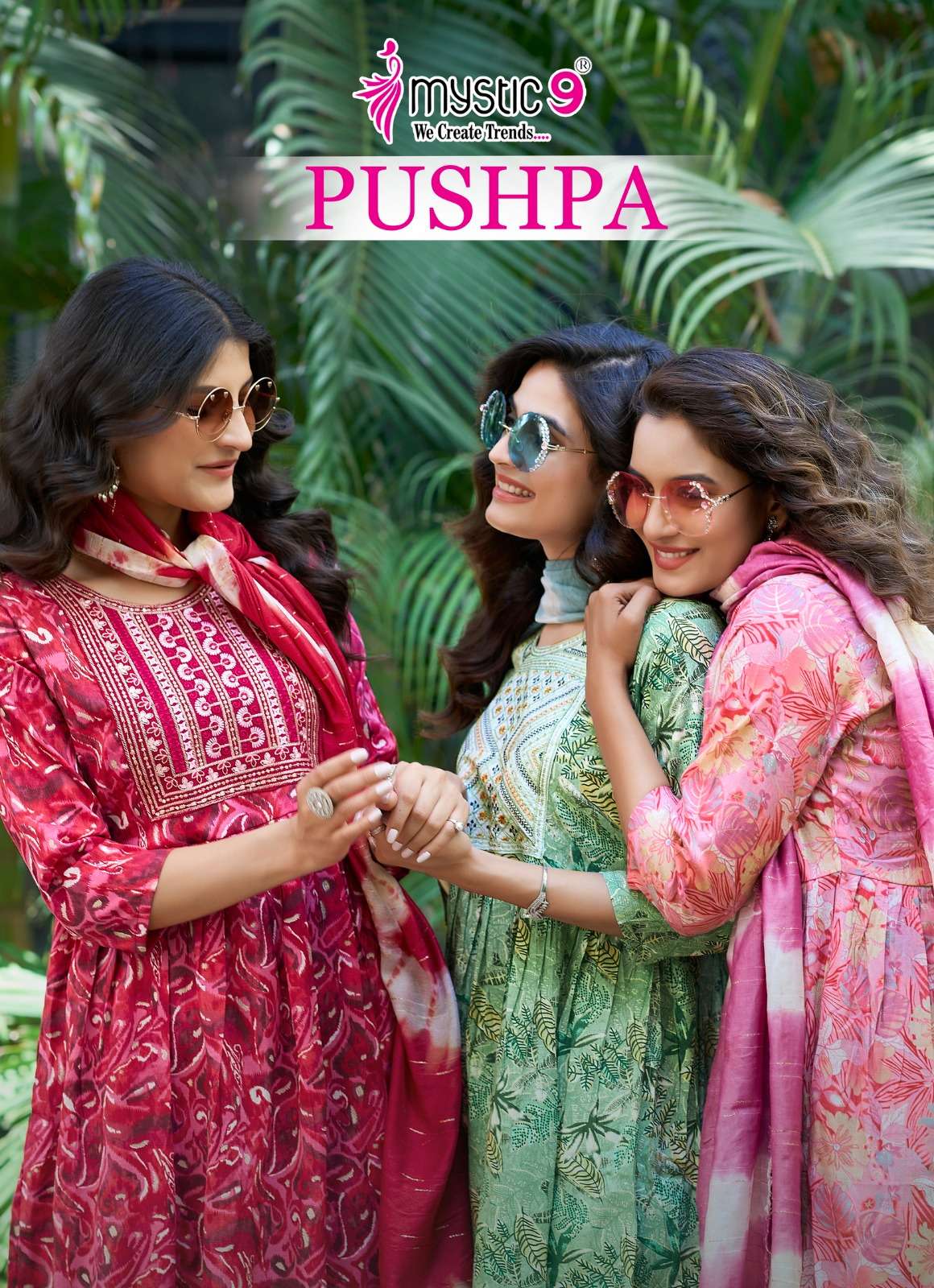 PUSHPA VOL-5 BY MYSTIC9 5001 TO 5008 SERIES RAYON PRINT WORK READYMADE DRESSES